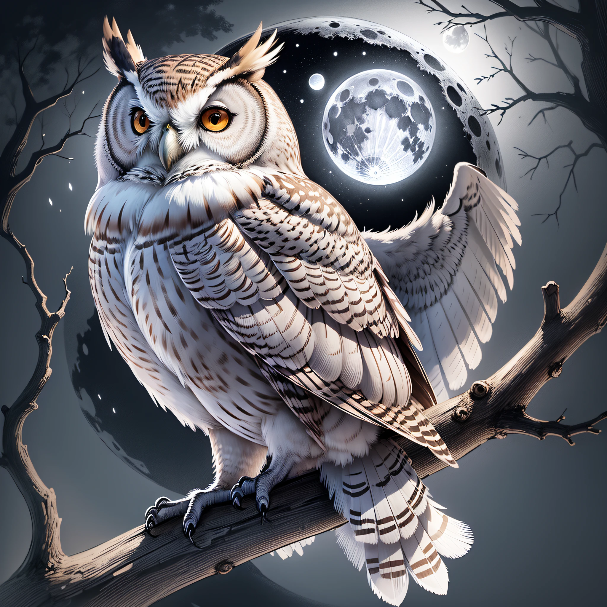 Realistic drawing of an owl looking forward, drawing in two colors only, full body, perched on a tree branch and a moon in the background. --auto --s2