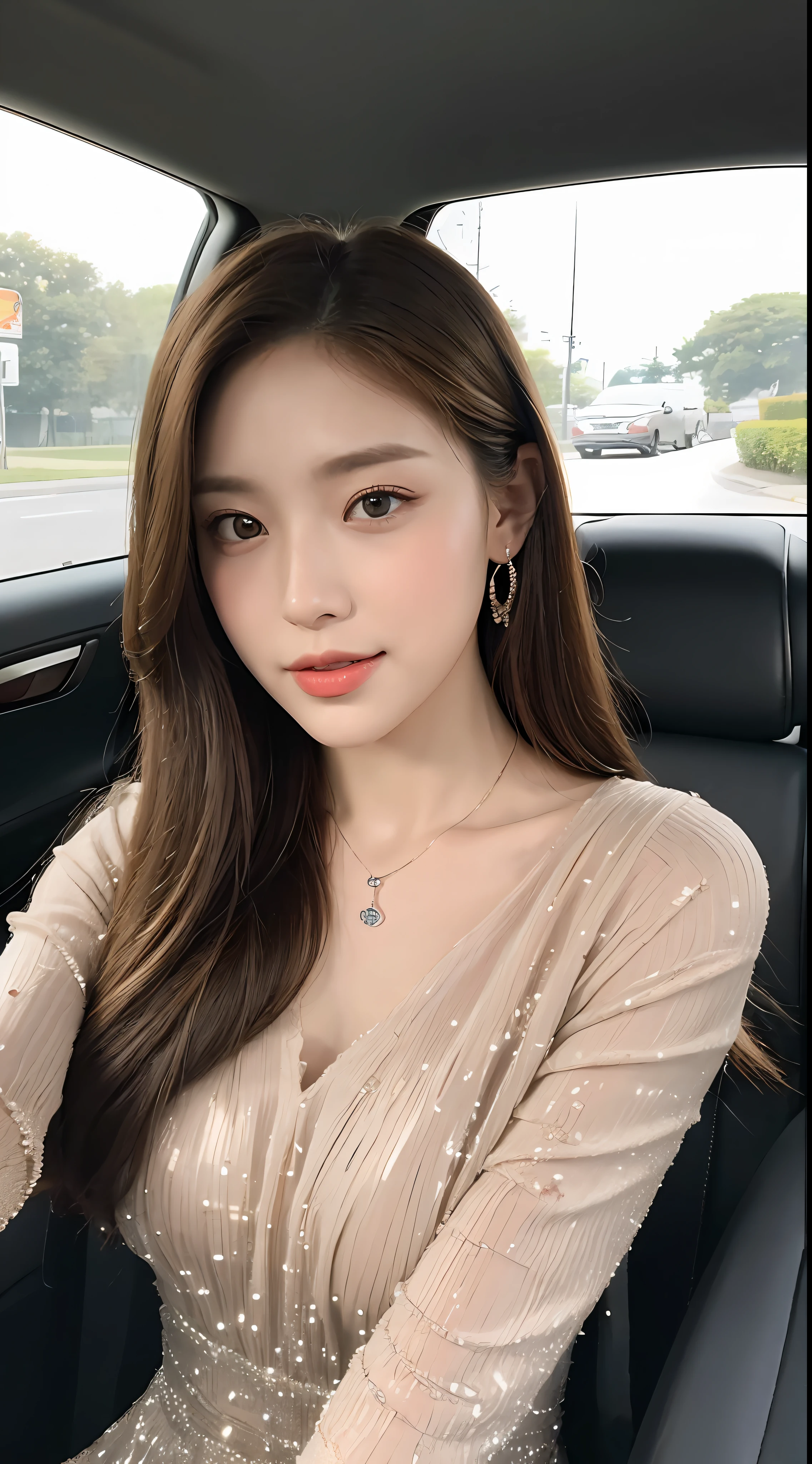 ((Best Quality, 8k, Masterpiece: 1.3)), Focus: 1.2, Perfect Body Beauty: 1.4, Buttocks: 1.2, ((Delicate Long Hair)), (Sparkling Dress: 1.1) , (Sports car, street: 1.2), Highly detailed face and skin texture, Fine eyes, Double eyelids, Whitened skin, Smile, Wearing necklace, ring, person sitting inside a car.