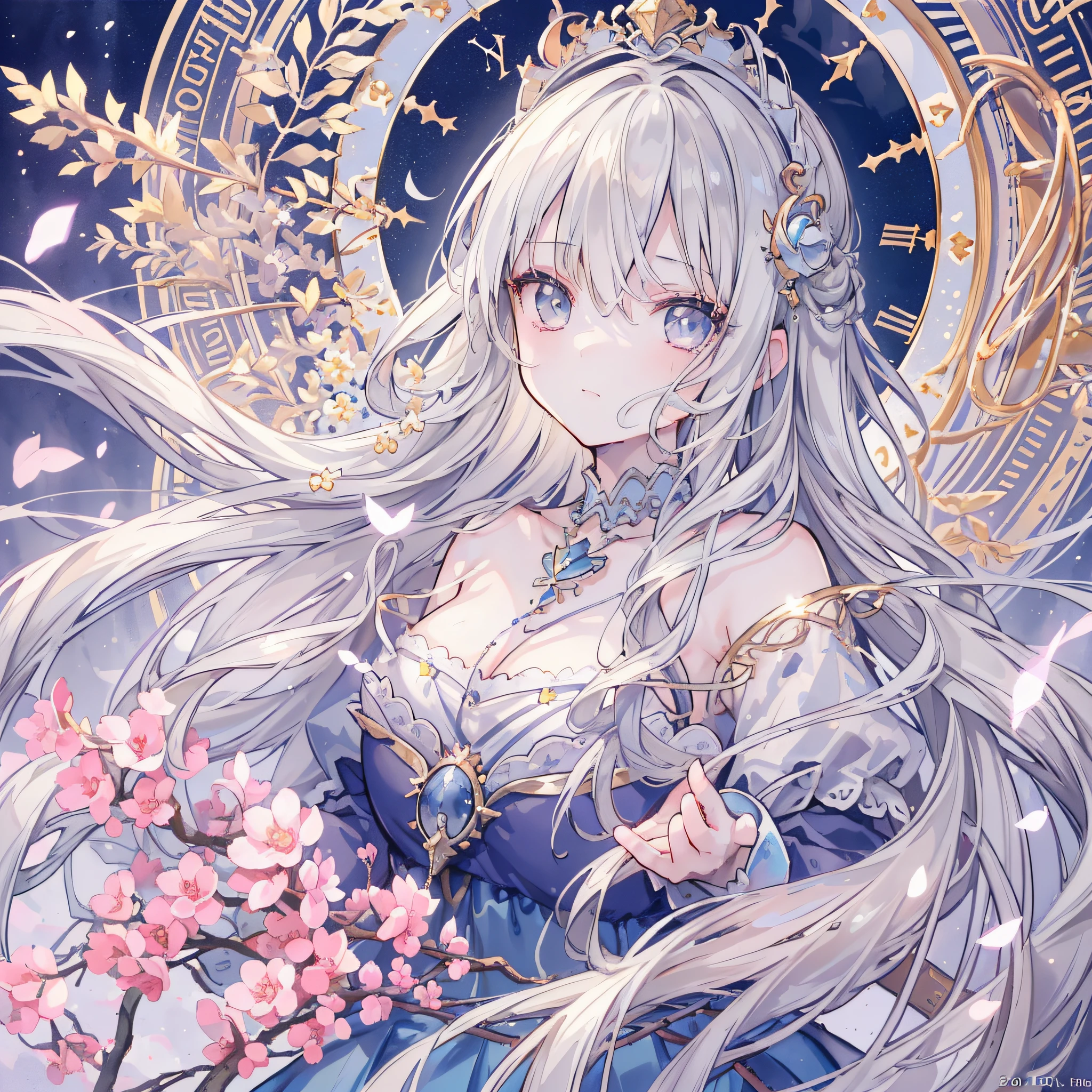 (masterpiece), (best quality), (1 girl)), amazing, beautiful detail eyes, fine details, depth of field, original, (best quality), (super detailed), (best illustration), (best lighting, best shadow), (very delicate and beautiful)), very detailed wallpaper, dream background, from front, landscape, young girl, , full body, long white hair, ((gray eyes)), beautiful detailed eyes, medium breasts, (((cobalt long skirt)), fluffy long sleeves, hair accessories, necklace, summer, light, light makeup, outdoor, windbling, floating, giggling, wet, (halo), magic circle, on cabinet, clock, mirror, air, flying