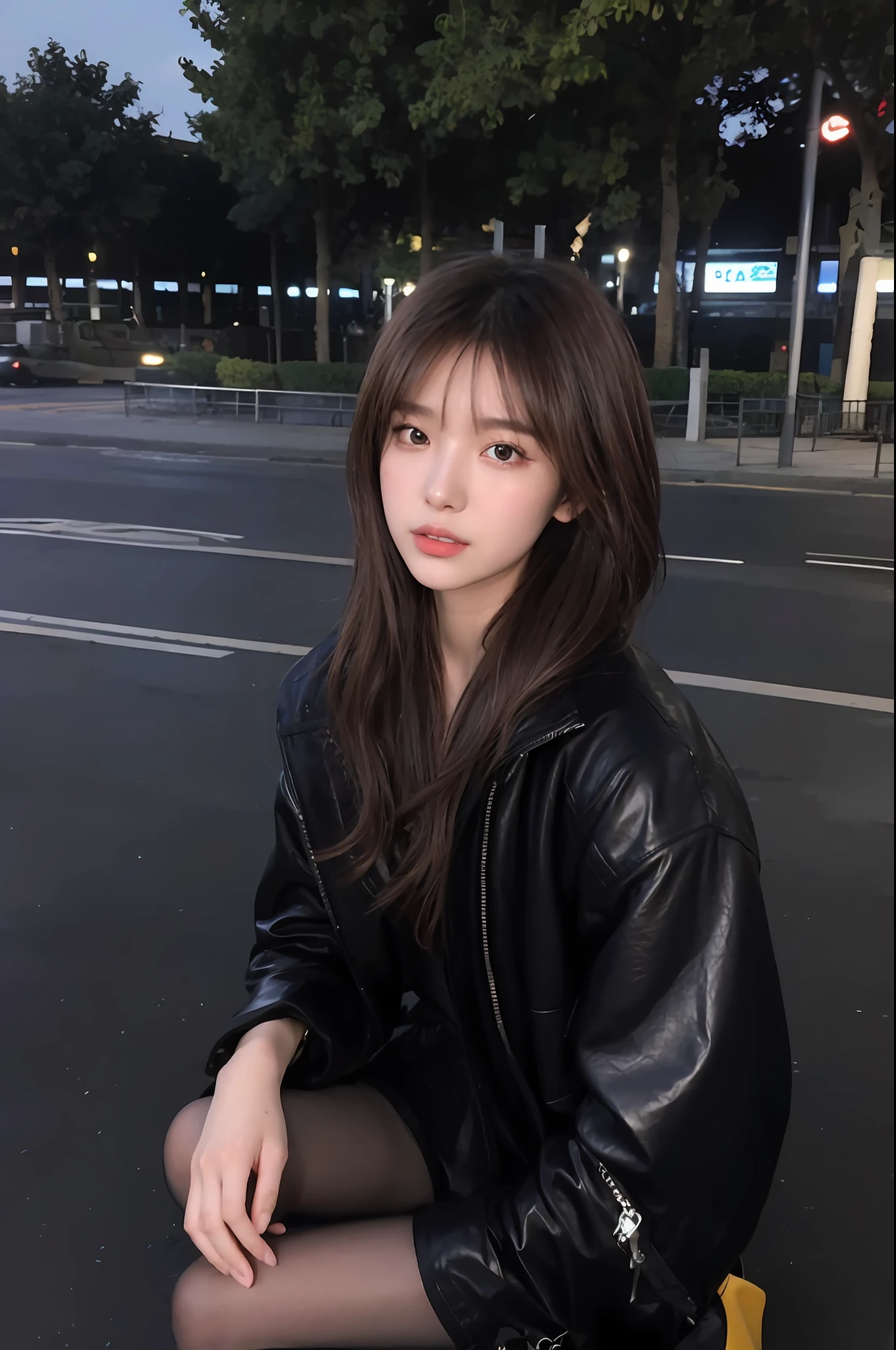 araffe woman sitting on the ground in a black leather jacket, ulzzang, long hair with full bangs, she has black hair with bangs, popular south korean makeup, long dark hair with bangs, neat hair with bangs, popular korean makeup, young cute wan asian face, very aesthetic leather jacket, long hair with bangs, girl cute-fine-face