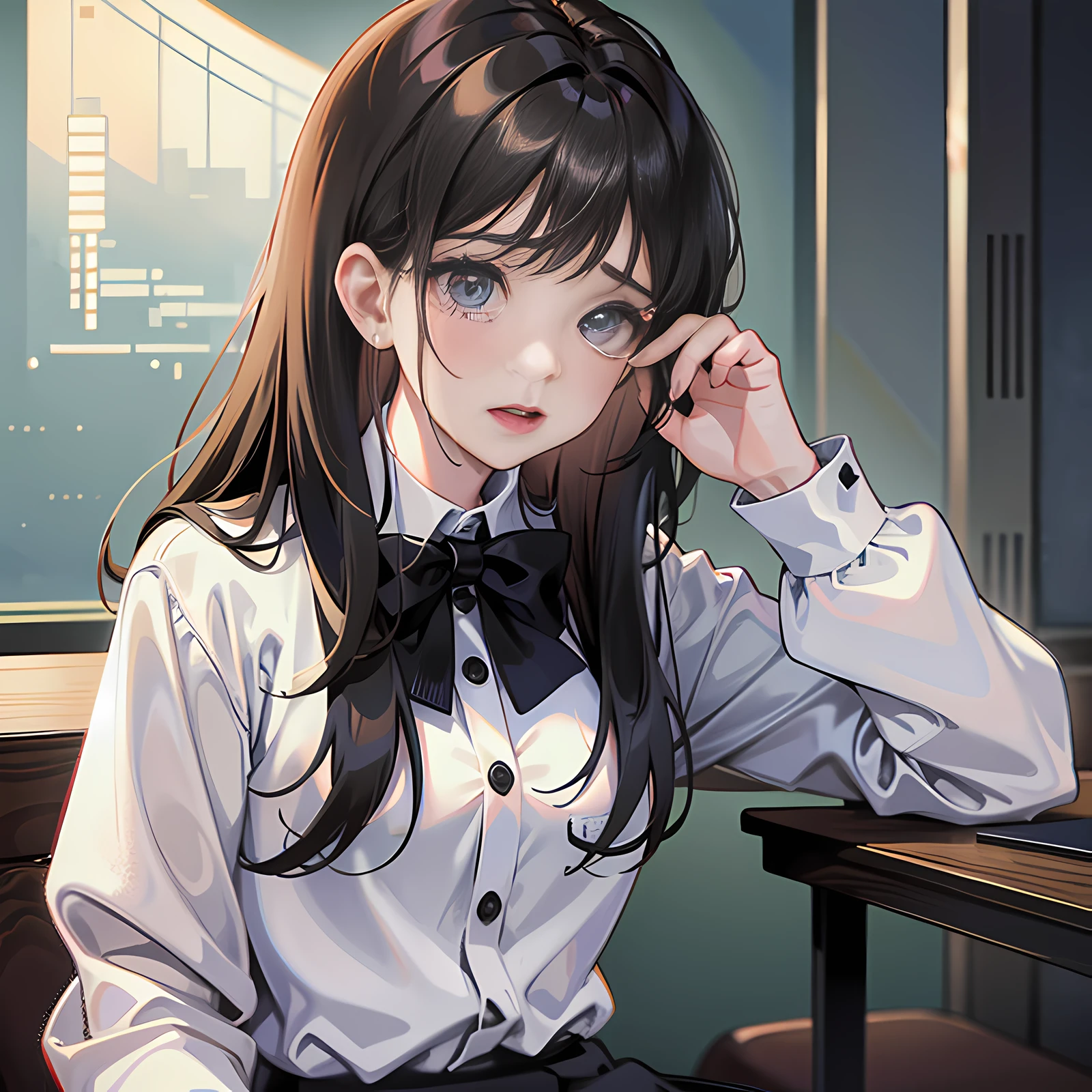 In the conference room, there is a girl sitting on the floor, long black hair, crying, tears, super detailed, 4k, white, no bow tie, super detailed