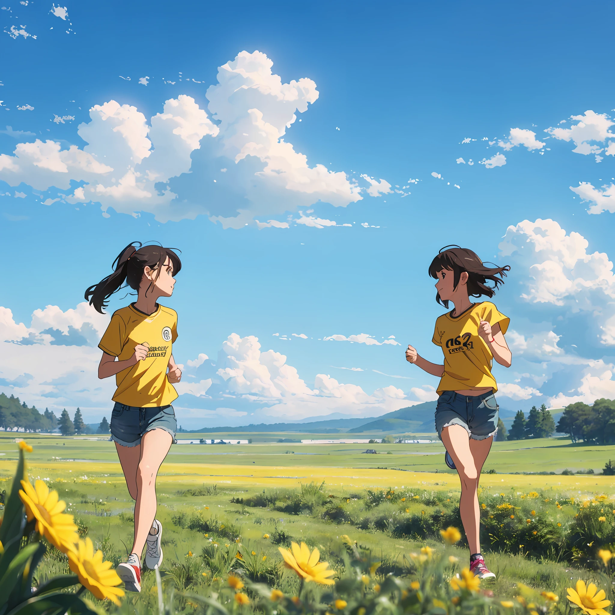 (Best Quality, 8k, 32k, Masterpiece, UHD: 1.2, Ray Tracing: 1.2, Real: 1.2), 1girl, (Side: 1.5), Yellow short sleeves, denim shorts, sneakers, savannah in the background, (Prairie, Long Range, Running in Prairie: 1.5), Blue Sky, White Clouds, Meadow, Small Flower, --auto --s2