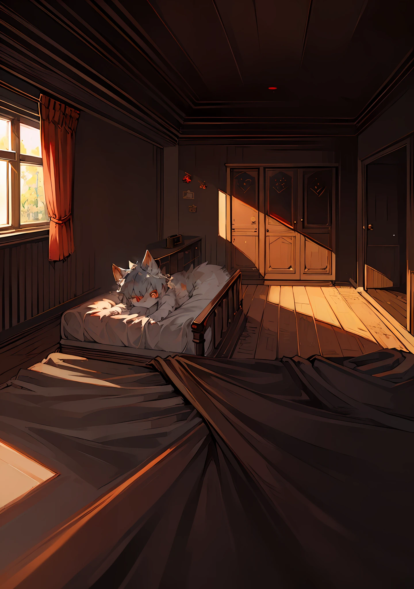 (Dark Environment: 0.8), Masterpiece, High Quality, Abstract Res, Digital Painting\(artwork\), by Dagasi, Yupa, Kiyosan, (Anthro, Fluffy Fur, Character Focus: 1.1), Anthro Male Cat, Short Hair, Portrait , bright eyes, panorama, character focus. (Detailed background: 0.7), Solo, Furry, Furry male, Male focus, Anthr, (full body fur, fluffy tail, white fur, red eyes, gray hair: 1.2), (long canids, beasts, nude: 1.2), (inside, daytime, home, sheets: 1.1)