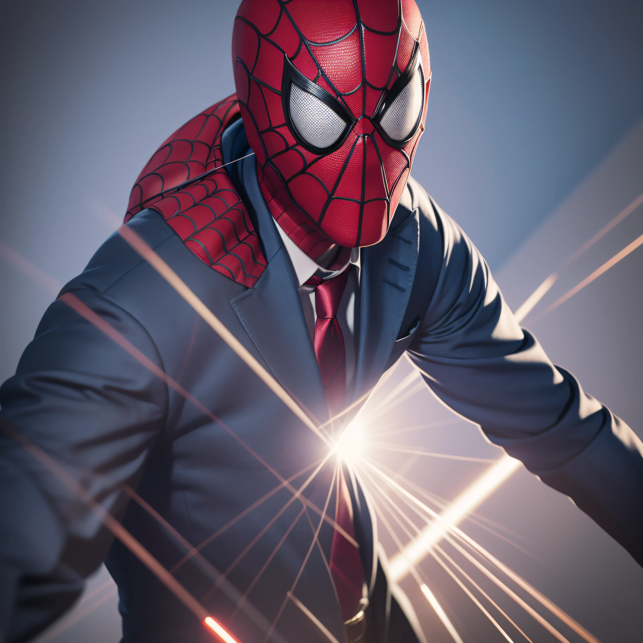 Spider Man, with suit and tie, ((front photo)), wearing mask, DOF, realistic, ultrarealistic, hyper realist, 8K, real, CG Render, extremely detailed, 3D Render, extreme detailing, Beautyfull image,