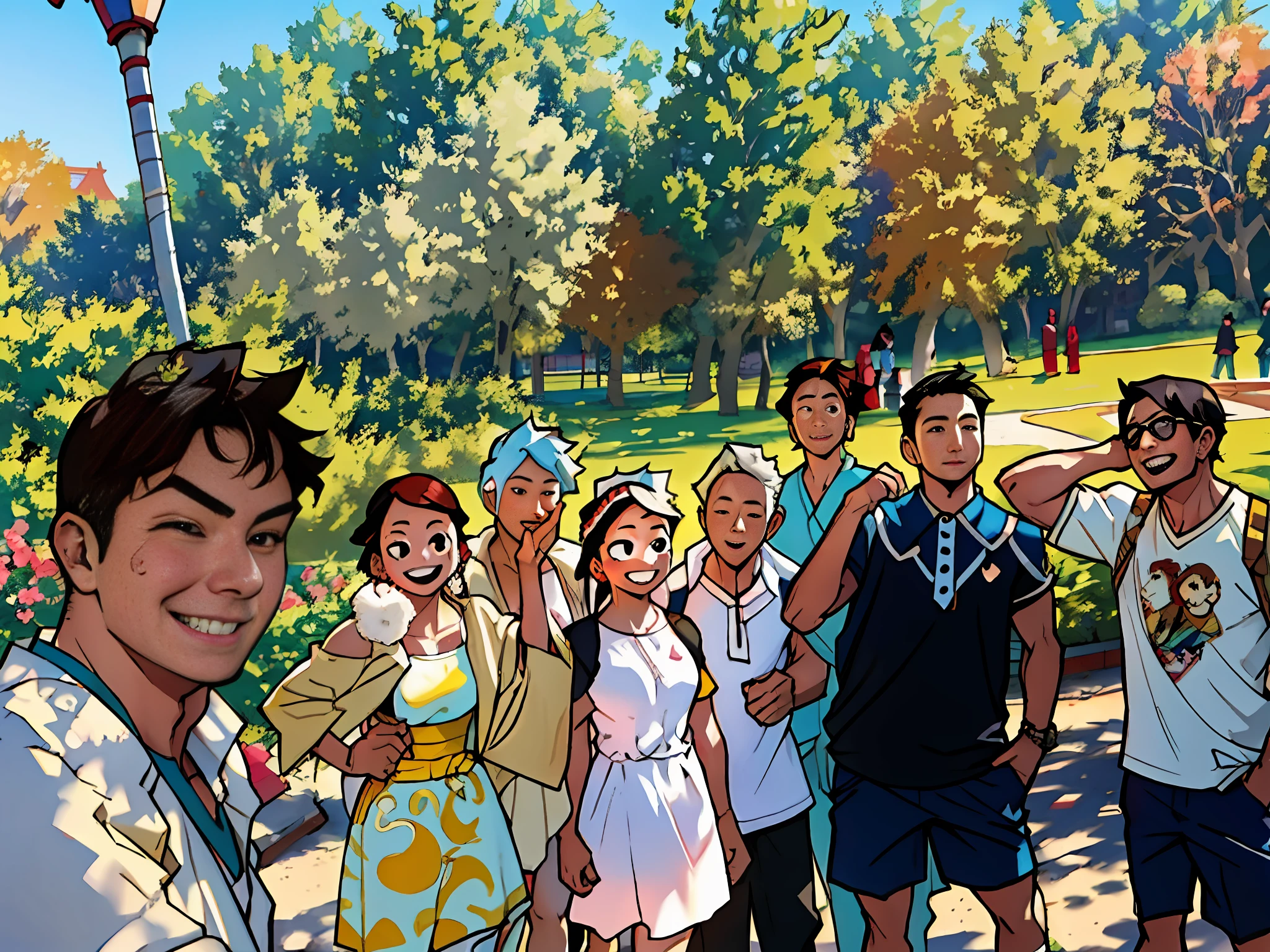 several people are posing for a picture in a park, bright sunny day, on a sunny day, 8k)), group photo, jinyiwei, with many travelers, beijing, photo taken in 2 0 2 0, beautiful sunny day, in sunny weather, on a bright day, profile picture 1024px, sunny day time, sunny day
