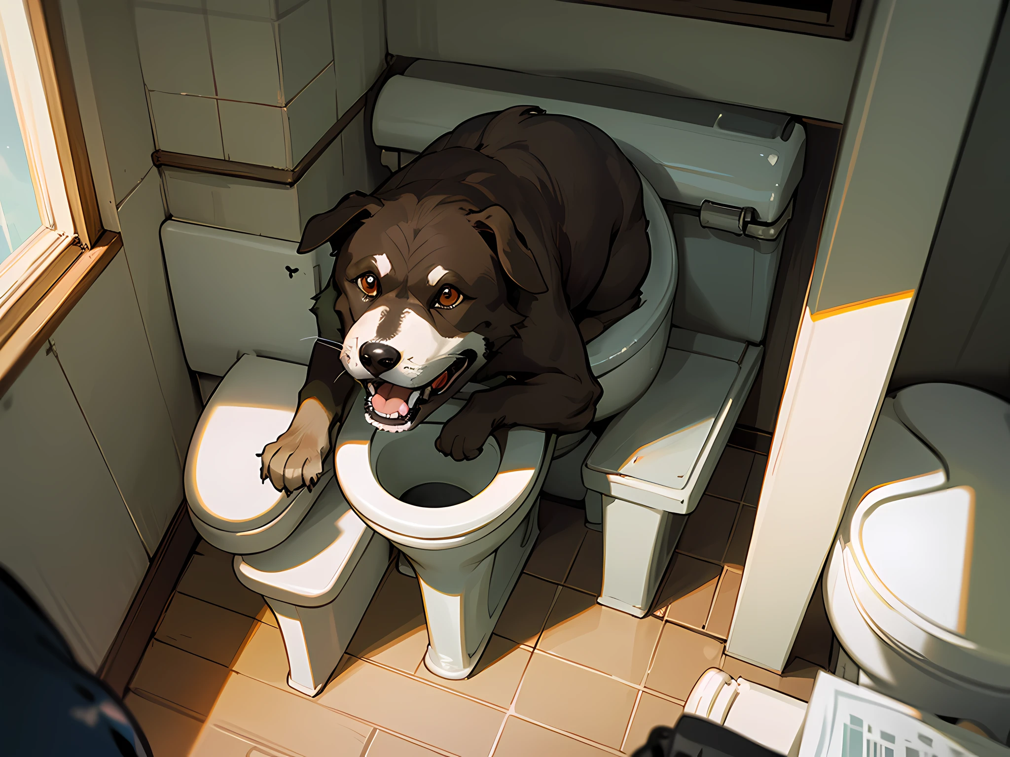 A dog crouches on the toilet, newspaper in hand, glasses, looks into the camera, angry, gritted teeth