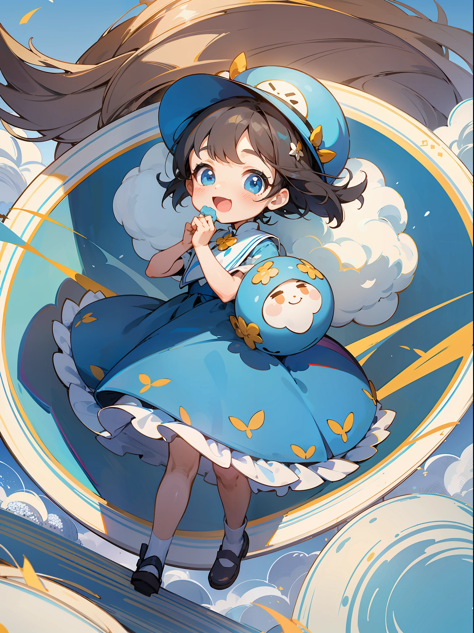 Poster, best quality, 1 little girl and 1 little boy, clean blue sky, rice dumplings, happy