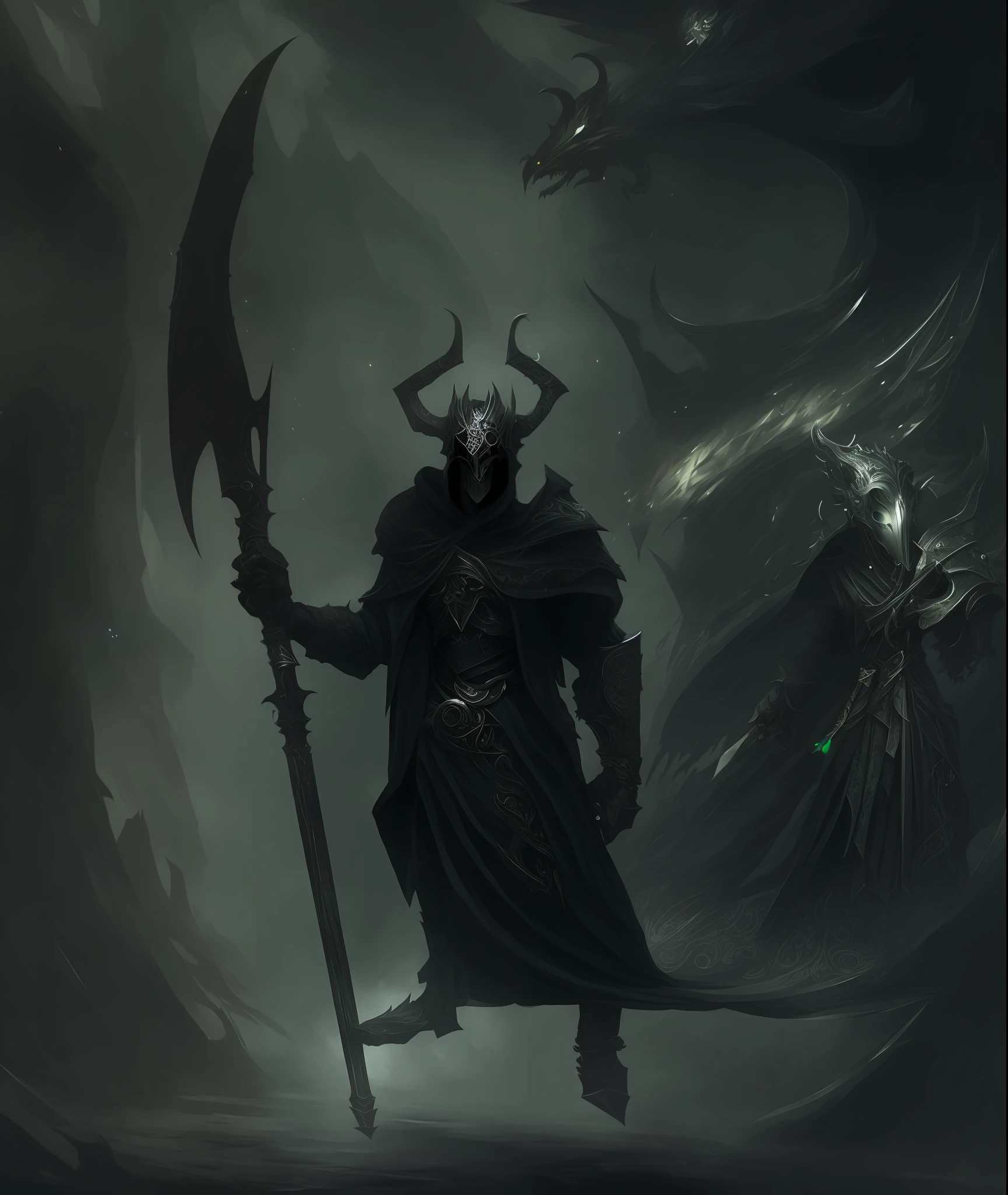 a closeup of a person with a scythe, dark soul concept, wears a black robe with silver armor adorned, wears a silver skull mask and a horned helmet, fantasy sickle, fantasy character concept, dark soul concept art, heroic fantasy character concept, man with sickle, anthropomorphic character, d&d