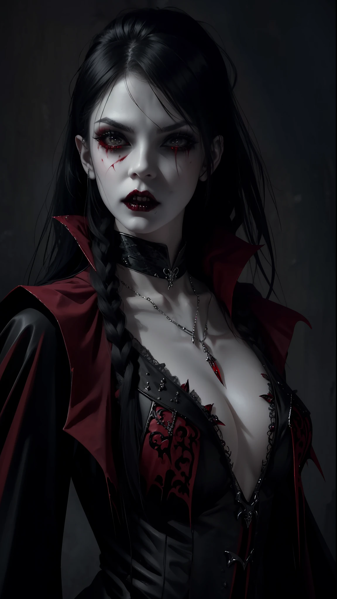 Gothic woman with blood dripping from her mouth beautiful vampire queen, vampire girl, gothic horror vibes, beautiful female vampire queen, Guweiz-style art, dark fantasy mixed with realism, androgynous vampire, goth maiden anime girl, gothic aesthetic, female vampire, gothic art style, vampire fashion, [4K digital art]!