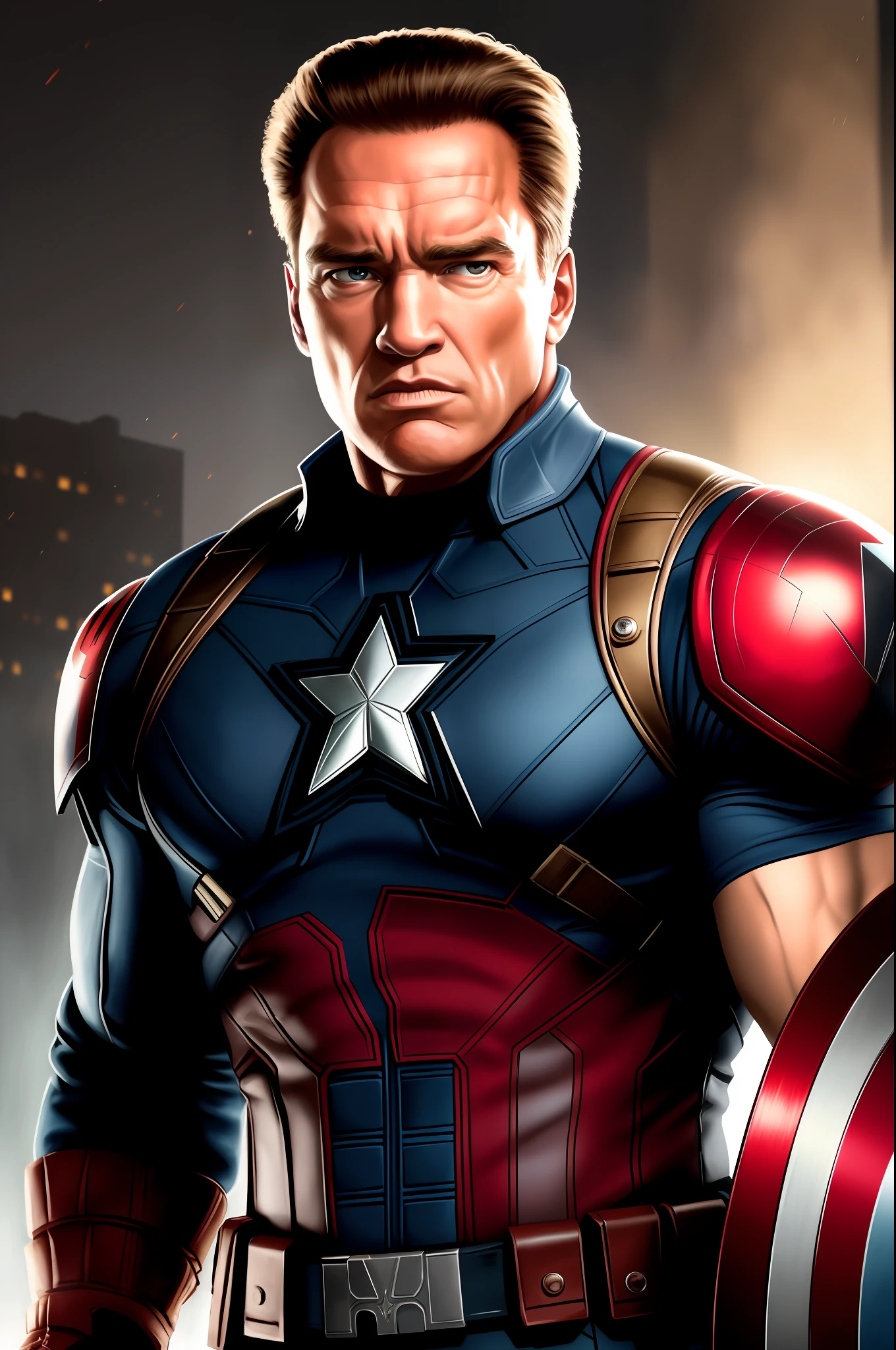 Tarantino style, Arnold schwarzenegger as Captain America 8k, high definition, detailed face, detailed face, detailed eyes, detailed suit, Marvel and DC style, hyper-realistic, + cinematic shooting + dynamic composition, incredibly detailed, sharp, details + superb details + night with light + perfectionism + award-winning realism ((grumpy lighting)),(upper body)