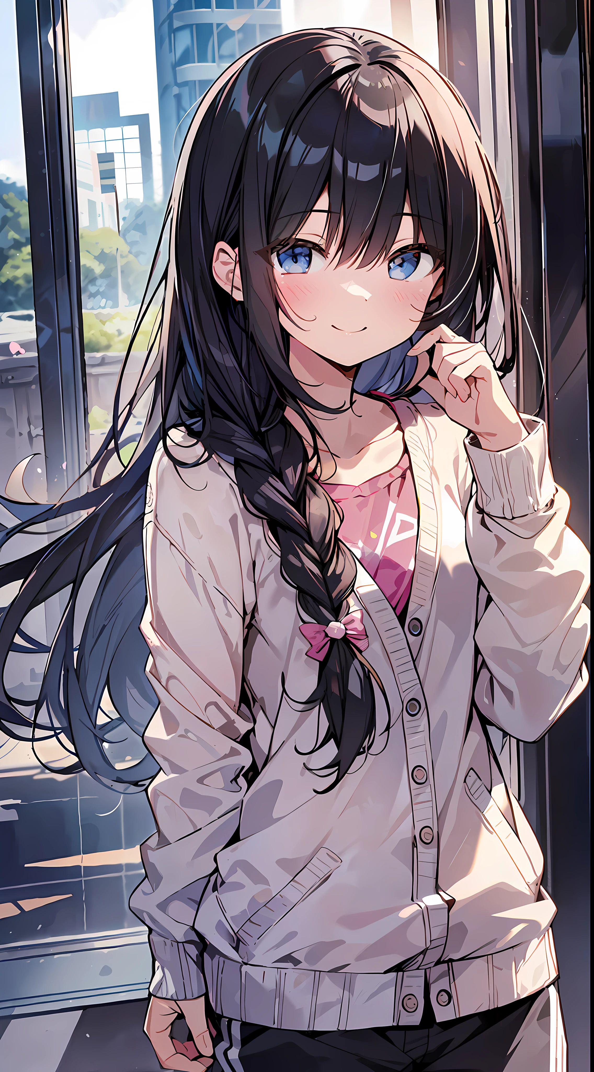 (incredibly absurdres absolutely resolution: 1.5), highest quality, masterpiece, ultra high resolution, 8k, (pants, light-colored cardigan, high-tech sneakers), shojo manga style, , soft line art, digital enhancement, shojo manga touch, shojo manga core, (hair length to shoulder)))), ( Short braids))), soft drawing, beautiful black hair, clear eyes, ((smile, wink)), ultra-detailed digital anime art, clear face depiction, ultra-detailed shojo manga character art, clear facial features, manga style, top quality colors, angle that you can see to your feet, entangle, beautiful and aesthetic: 1.5, high quality:1.3
