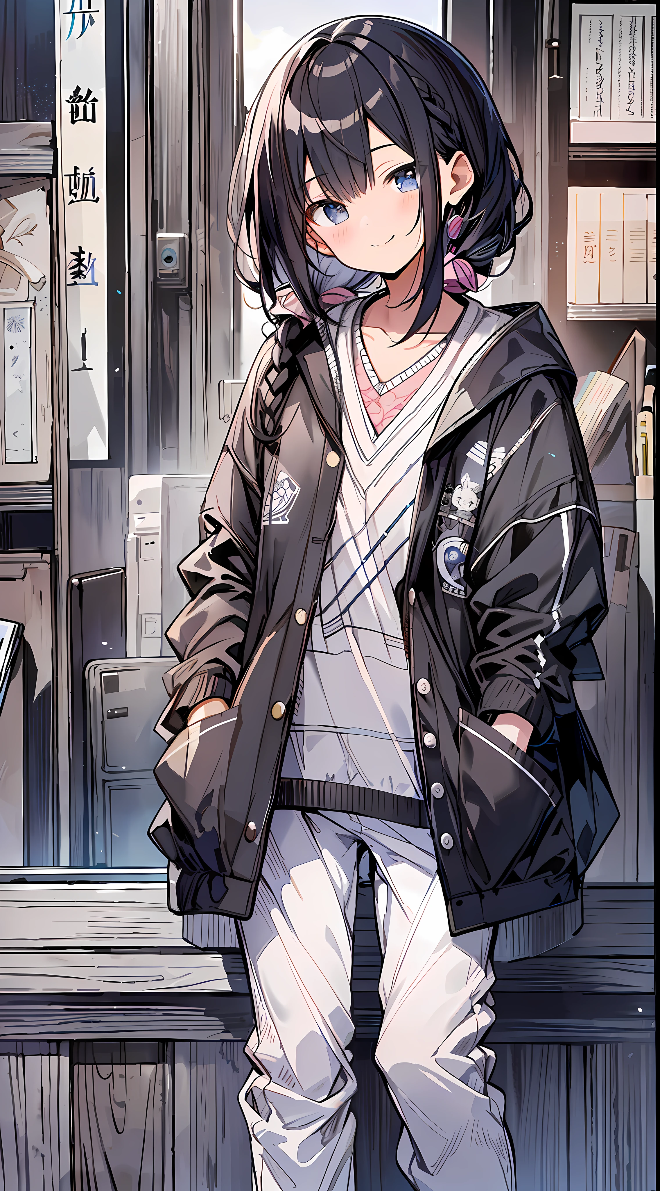 (incredibly absurdres absolutely resolution: 1.5), highest quality, masterpiece, ultra high resolution, 8k, (pants, light-colored cardigan, high-tech sneakers), shojo manga style, loli, soft line art, digital enhancement, shojo manga touch, shojo manga core, (hair length to shoulder)))), ( Short braids))), soft drawing, beautiful black hair, clear eyes, ((smile, wink)), ultra-detailed digital anime art, clear face depiction, ultra-detailed shojo manga character art, clear facial features, manga style, top quality colors, angle that you can see to your feet, entangle, beautiful and aesthetic: 1.5, high quality:1.3
