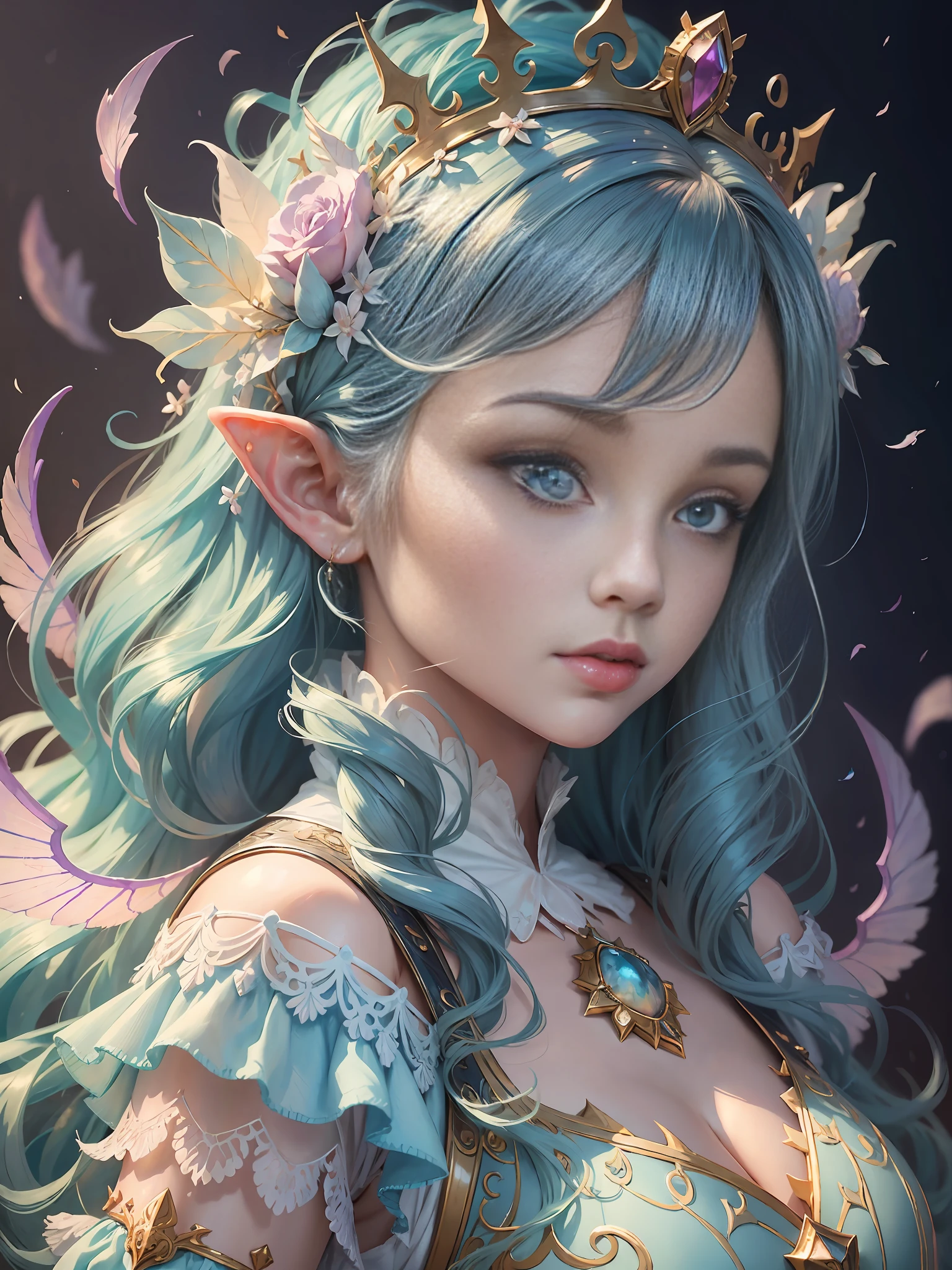 Princess girl with wing, blue, pastel, glitter, dramatic, dreamy, pastel, Watercolor, Whimsical, delicate, crown of shells, Trending on Artstation, Highly detailed, Intricate, Portrait, digital painting, Fantasy theme, Fantasy robes, Conceptual fantasy art, Fantasy character art, Presumptuous, , perfect body, whole body, dreamer, pastel, Watercolor, Whimsical, Delicate, shell crown, art by loish and lois van baarle, Trending on Artstation, Highly detailed, Intricate, Portrait, digital painting, fabulously beautiful elf fairy, luminous wings, cute, 8k, ((masterpiece)), (best quality), (detailed), Beautiful, large, charming eyes, Beautiful, goddess, nature girl, queen, Hyper realistic, HD, cards