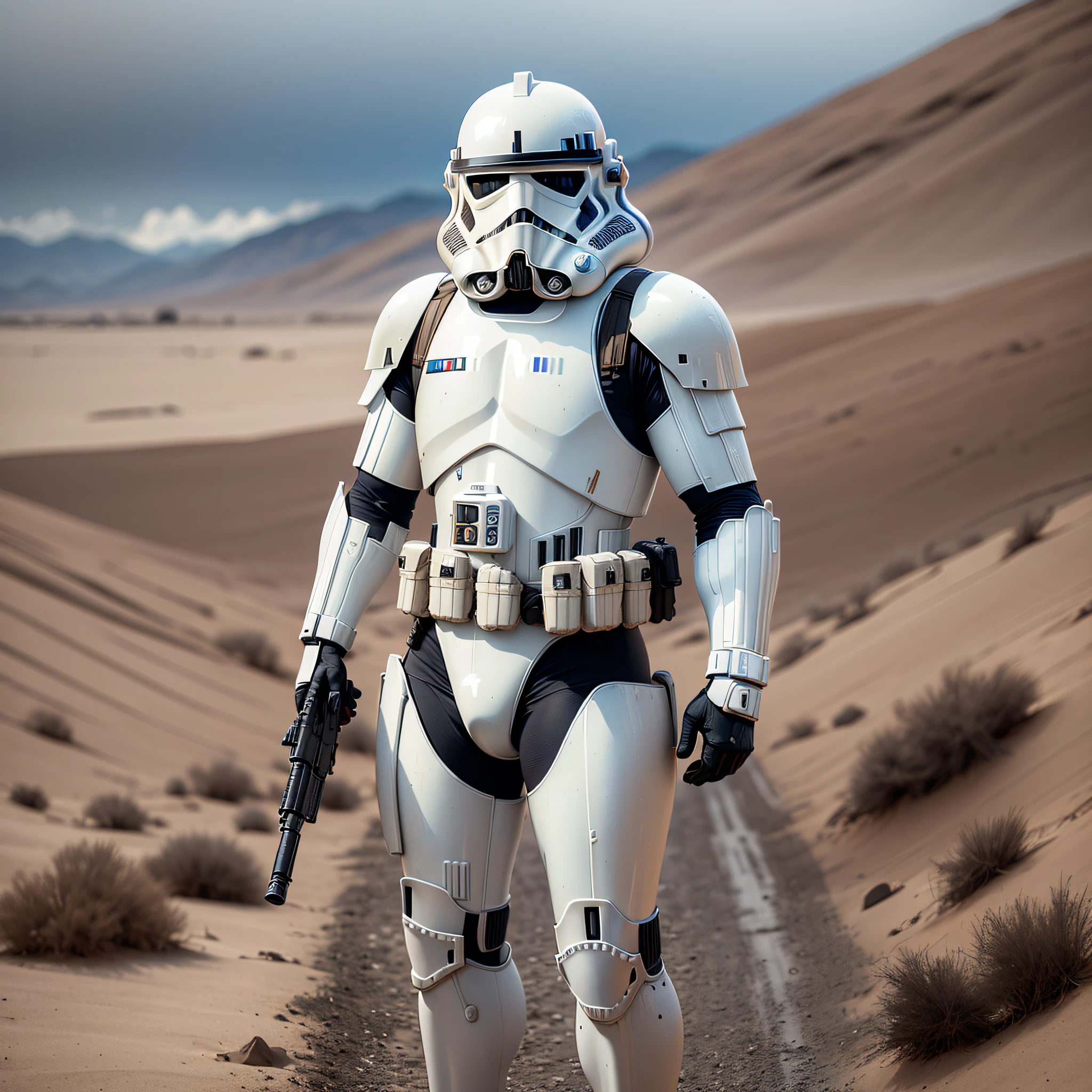perfect image, ((photorealistic)), full body, soldier with stormtrooper type armor, damaged and dirty armor, photo with canon EOS R6, pistol in right hand --auto --s2