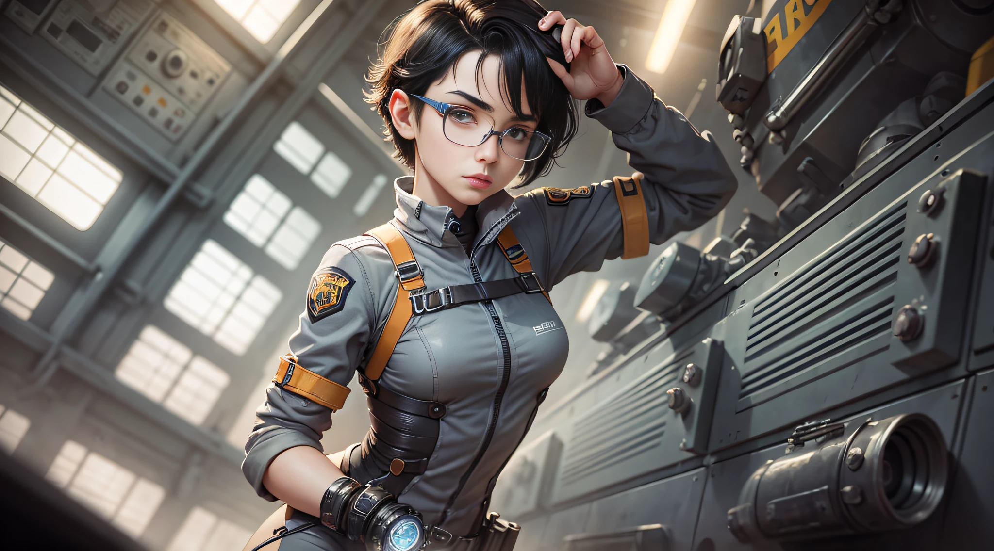 Alice is a 16-year-old mechanical engineer with short black hair and brown eyes. She is slim, flexible, and athletic. She wears a gray mechanical engineer uniform, goggles, and black boots. --auto --s2