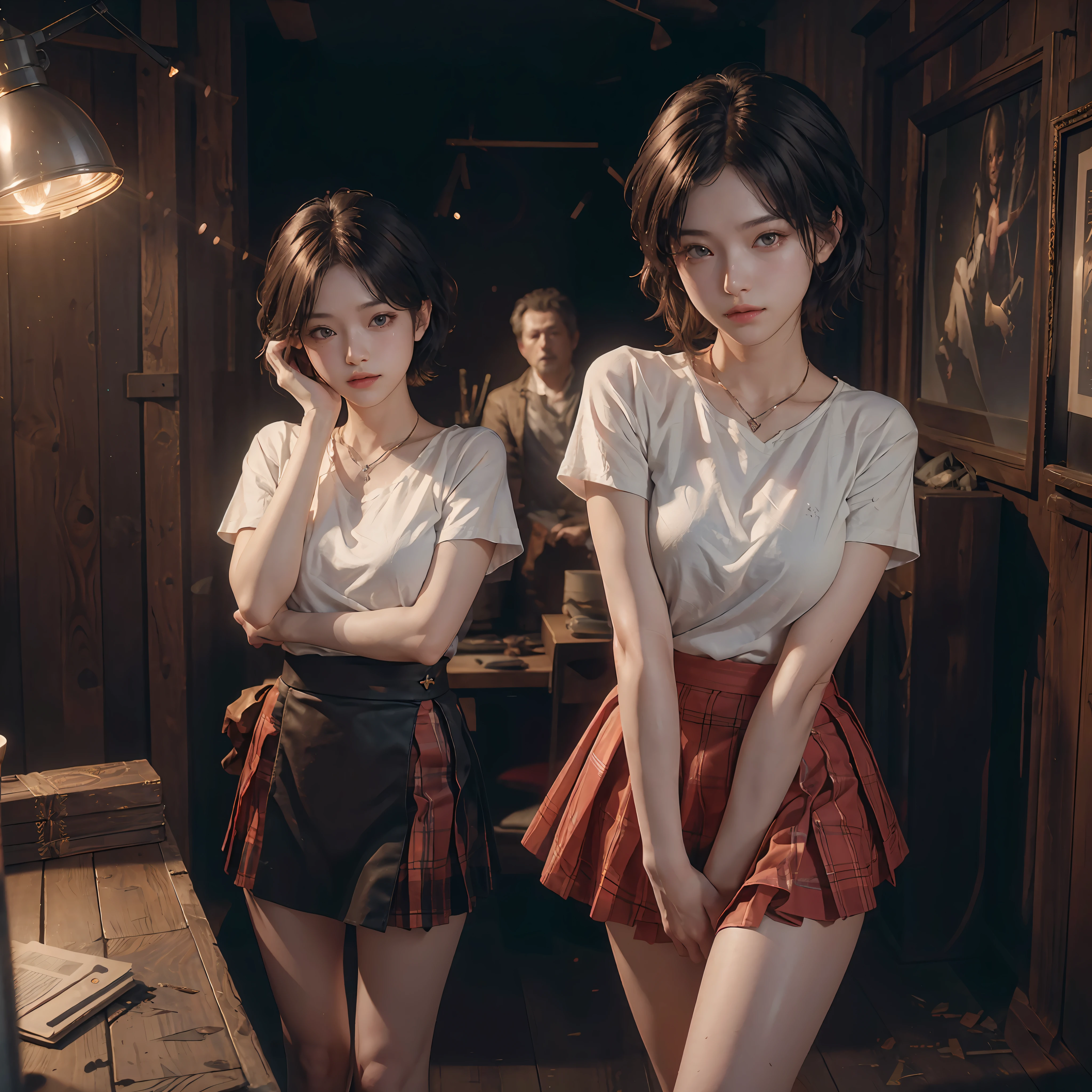 (Dynamic Angle, National Treasure RAW Photos, Photorealism: 1.3, Top Quality Detailed CG unity 8k wallpapers, Under Miniskirt: 1.2, Messy Short Hair, Movie Lighting, Lens Flare)