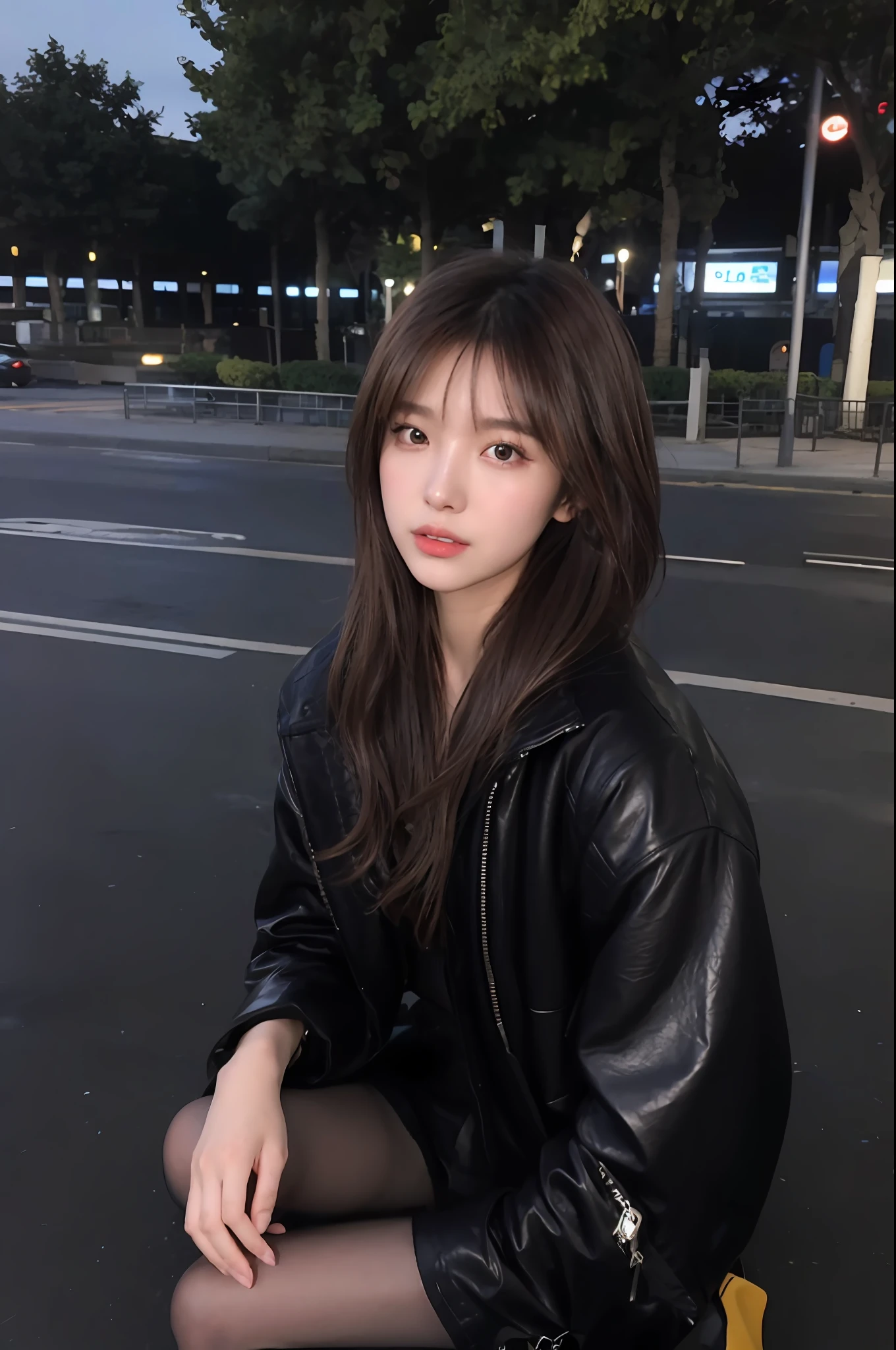araffe woman sitting on the ground in a black leather jacket, ulzzang, long hair with full bangs, she has black hair with bangs, popular south korean makeup, long dark hair with bangs, neat hair with bangs, popular korean makeup, young cute wan asian face, very aesthetic leather jacket, long hair with bangs, girl cute-fine-face