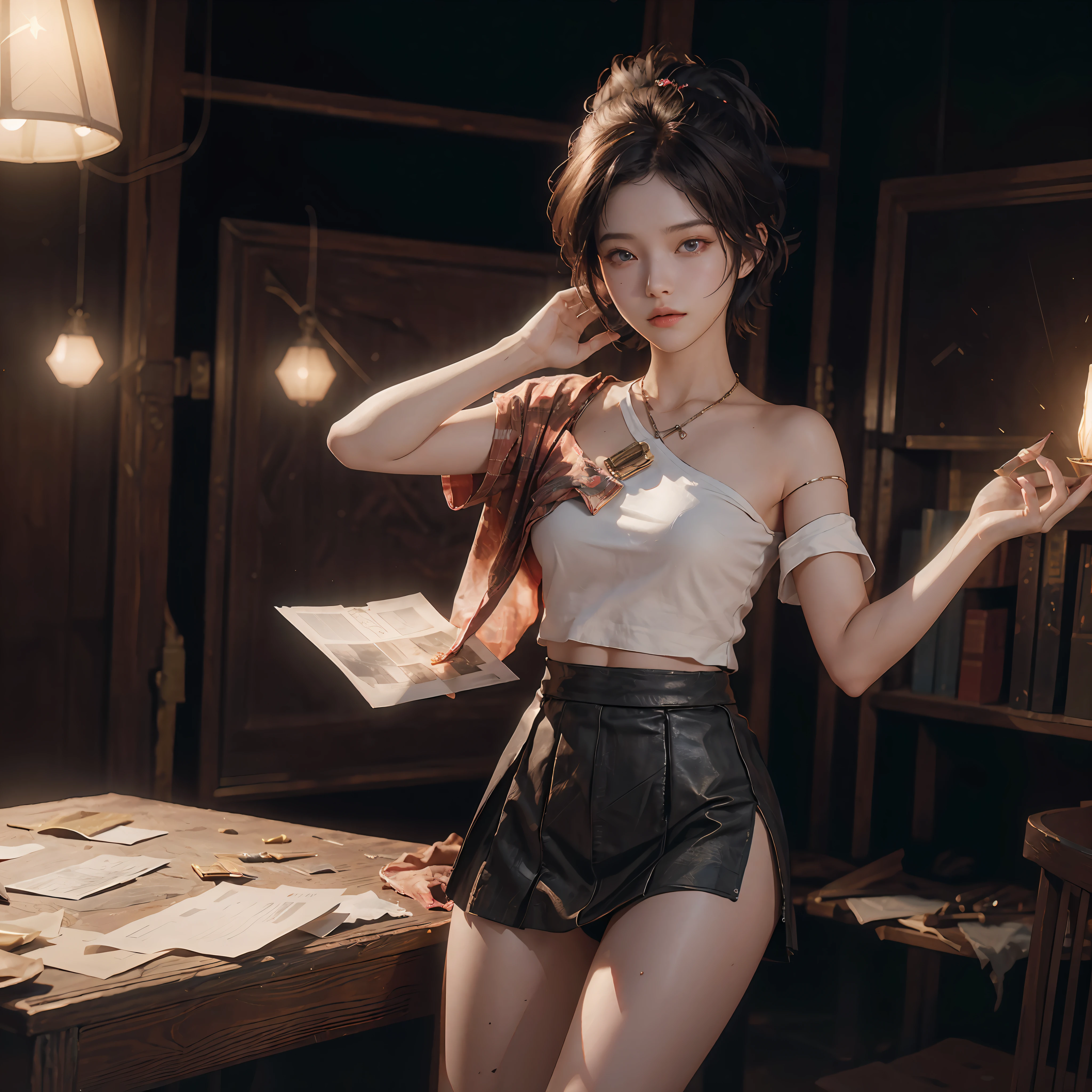 (Dynamic Angle, National Treasure RAW Photos, Photorealism: 1.3, Top Quality Detailed CG unity 8k wallpapers, Under Miniskirt: 1.2, Messy Short Hair, Movie Lighting, Lens Flare)