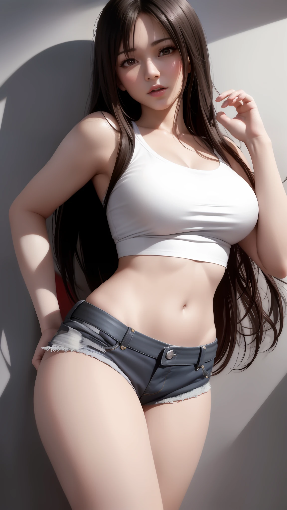 Alafeld asian woman posing for photo in white top and denim shorts, seductive tifa lockhart portrait, realistic shadows perfect body, tifa, seductive anime girl, [ 4k digital art ]!,realistic anime girl rendering, tefa rock heart, realistic perfect body, tifa lockhart with white hair, perfect shadow body