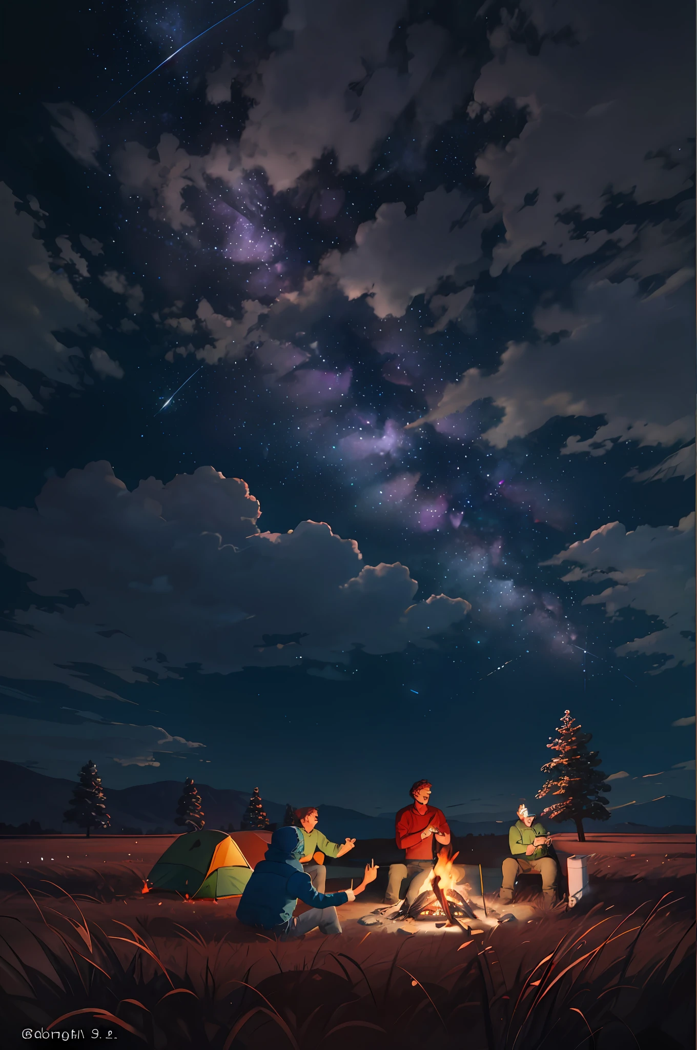 Camping tents, campfires, young people singing around the campfire, barbecues, having fun