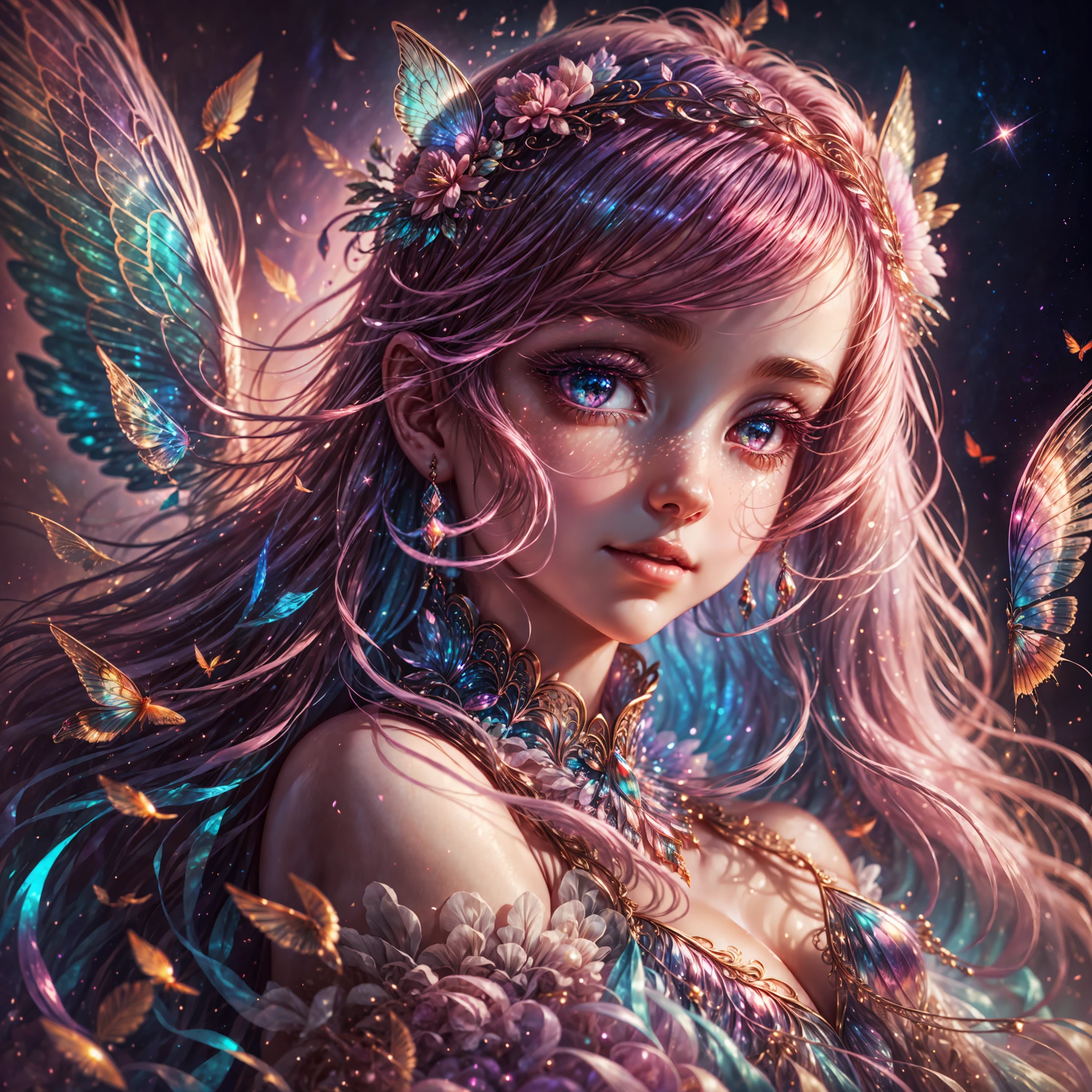 magnificent celestial queen with a dress made of soft gossamer feathers and silk, beautiful iridescent transparent wings, highly detailed wings, head and torso visible, pretty celestial heavenly colorful background, fantasy, mythic fantasy, fairytale fantasy, (hires eyes), big eyes, beautiful eyes, shimmering background, 1 woman, 1 face, lots of colorful flying birds and butterflies, (iridescent details), silk and chiffon dress, (ultra detailed), adult person, intricate, (saturated colors), full lips, big mouth, light pink and dark pink and pink blue color scheme, rich colors, delicate intricate circlet, dynamic and interesting composition, smooth realistic skin texture, (cotton candy fantasy colors and aura), (high neckline), studio lighting, (hires and high resolution), gradients, sunset, lips closed, faint smile,