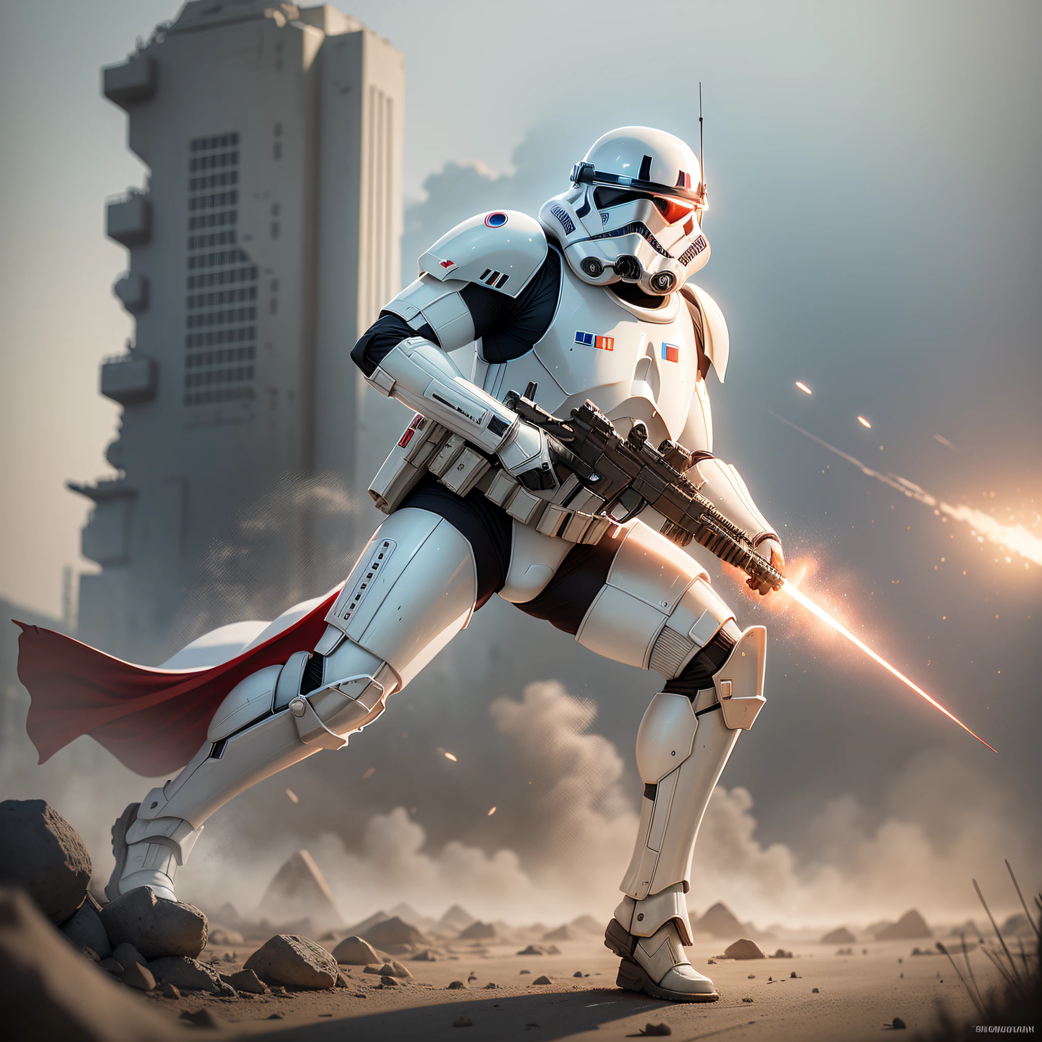 Perfect image, ((photorealistic)), full body, soldier with white stormtrooper type armor and red helmet, damaged and dirty armor, pistol in right hand, only red helmet. Communicator on the back with antenna, environment on a Star Wars-type mothership, lights in the background ((boken))
