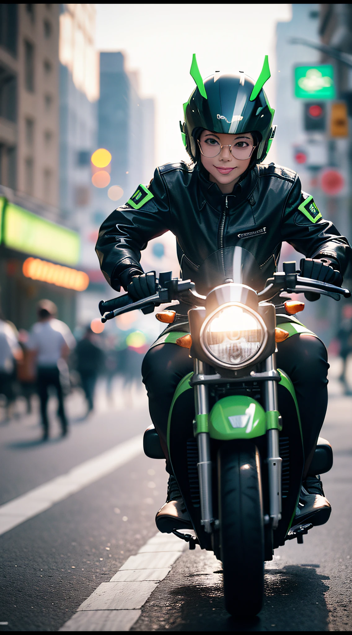 panning effect, dynamic pose, amazing girl Riding a green scooter with lights on in motion, high detail face, Cinematic portrait, blurry background, rtx on, particle effects flying around, specular lighting, hdr, octane, unreal, subsurface scattering, Film-like, (illustration:.4) , lights on, solo, smile, glasses, helmet, wind efects, busy city street, in the style of Eric Pare in motion, many people on the background, film photography, depht-of-field, bokeh, (frontlighting:1.2), (backlighting:0.75), (fill light:0.9), bloom, chromatic aberration, (lens flare:1.2),