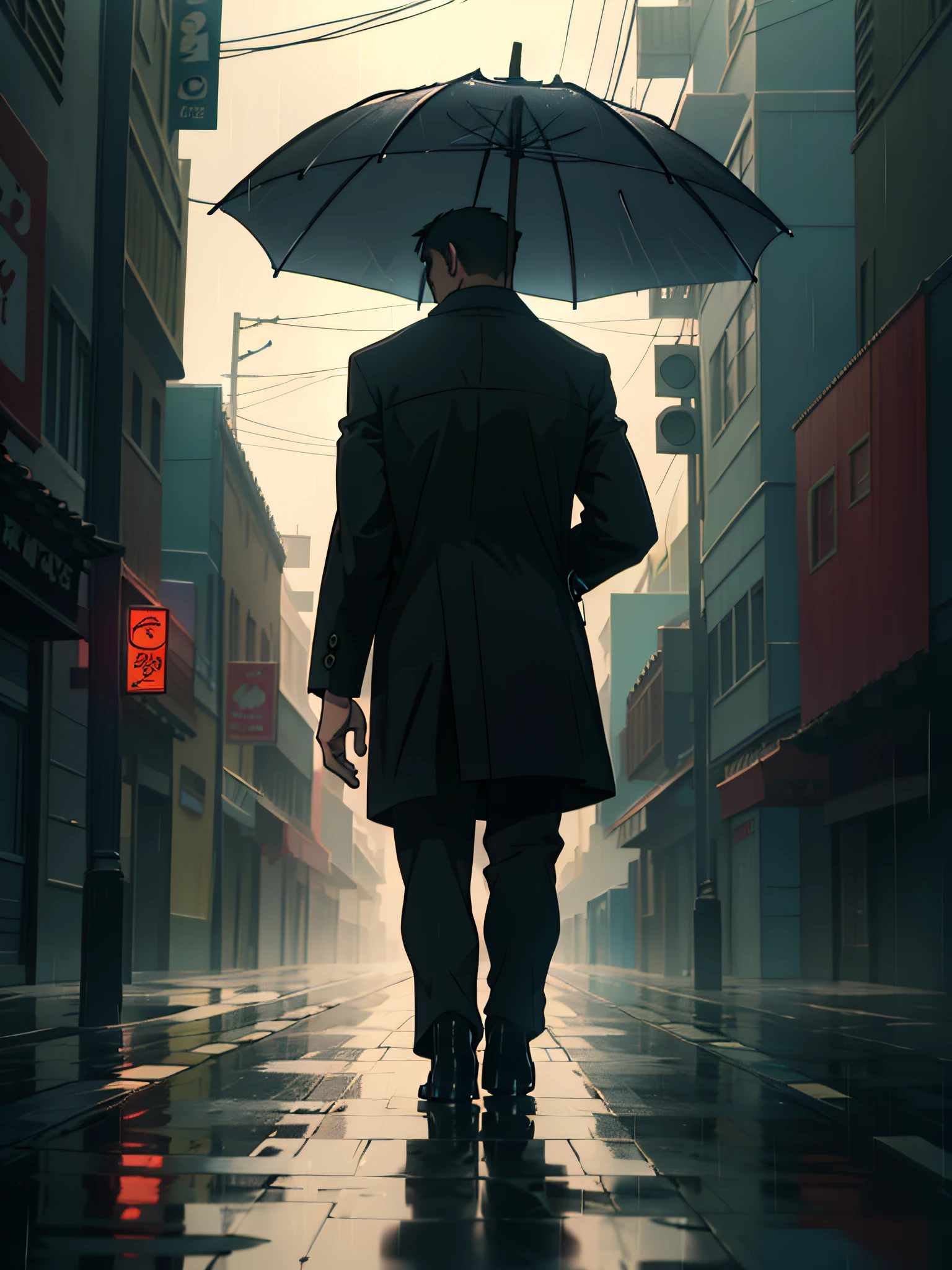 On a rainy day, a man with an umbrella, head down, alone, walking on a deserted street, dimly lit, back, movie lighting, UHD, 8k