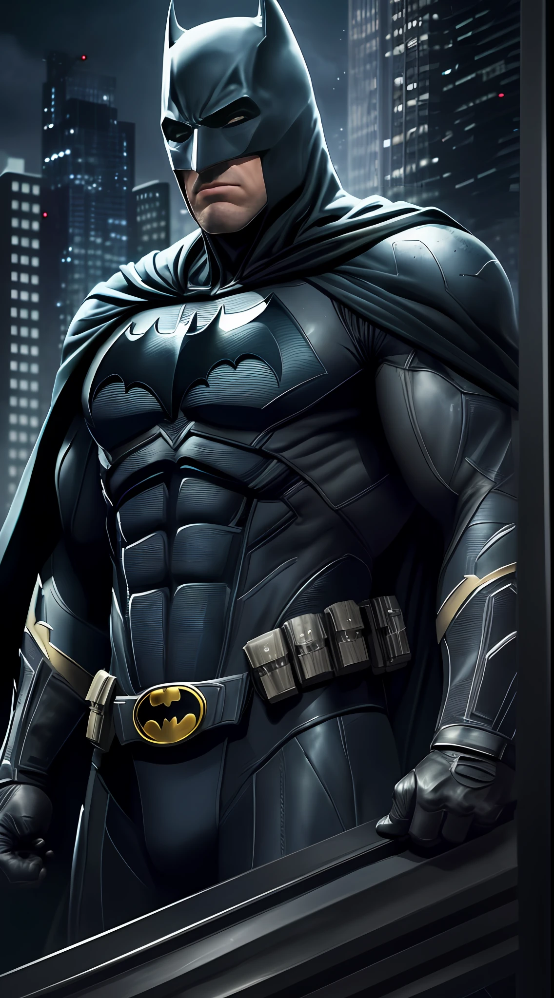 1 man, solo, Ben Affleck as Batman, tall, hunk, musular, bulk, wide shoulder, photorealism, dark dirty grey suit, black gloves, best quality, masterpiece, high resolution:1.2, black cape, high detailed mask, high detailed suit, high detailed face, award winning, night time, skycrapers in the background