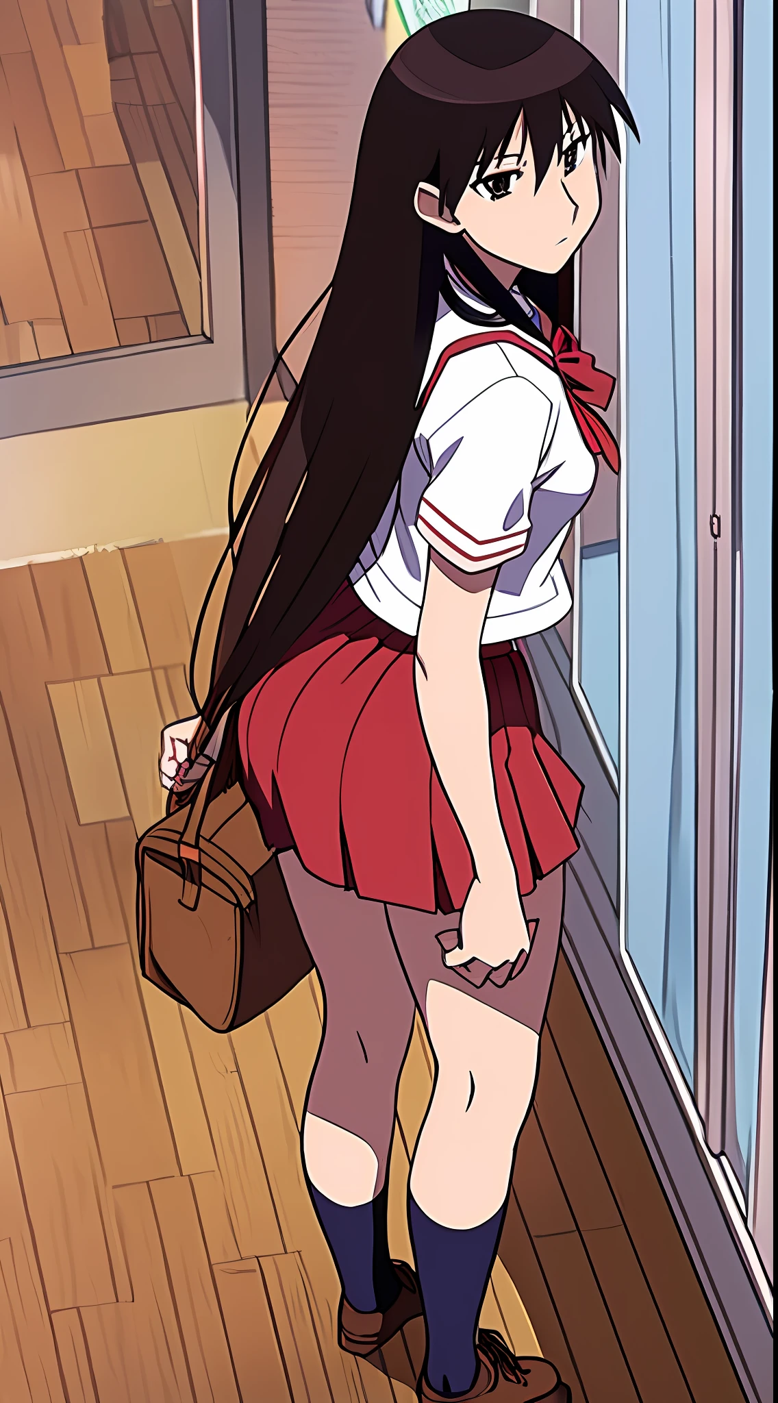 Sakaki, brunette haired, girl, red and brown sailor skirt school outfit, bra, panties, brown shoes, view from above, ass cheeks, skirt lift,