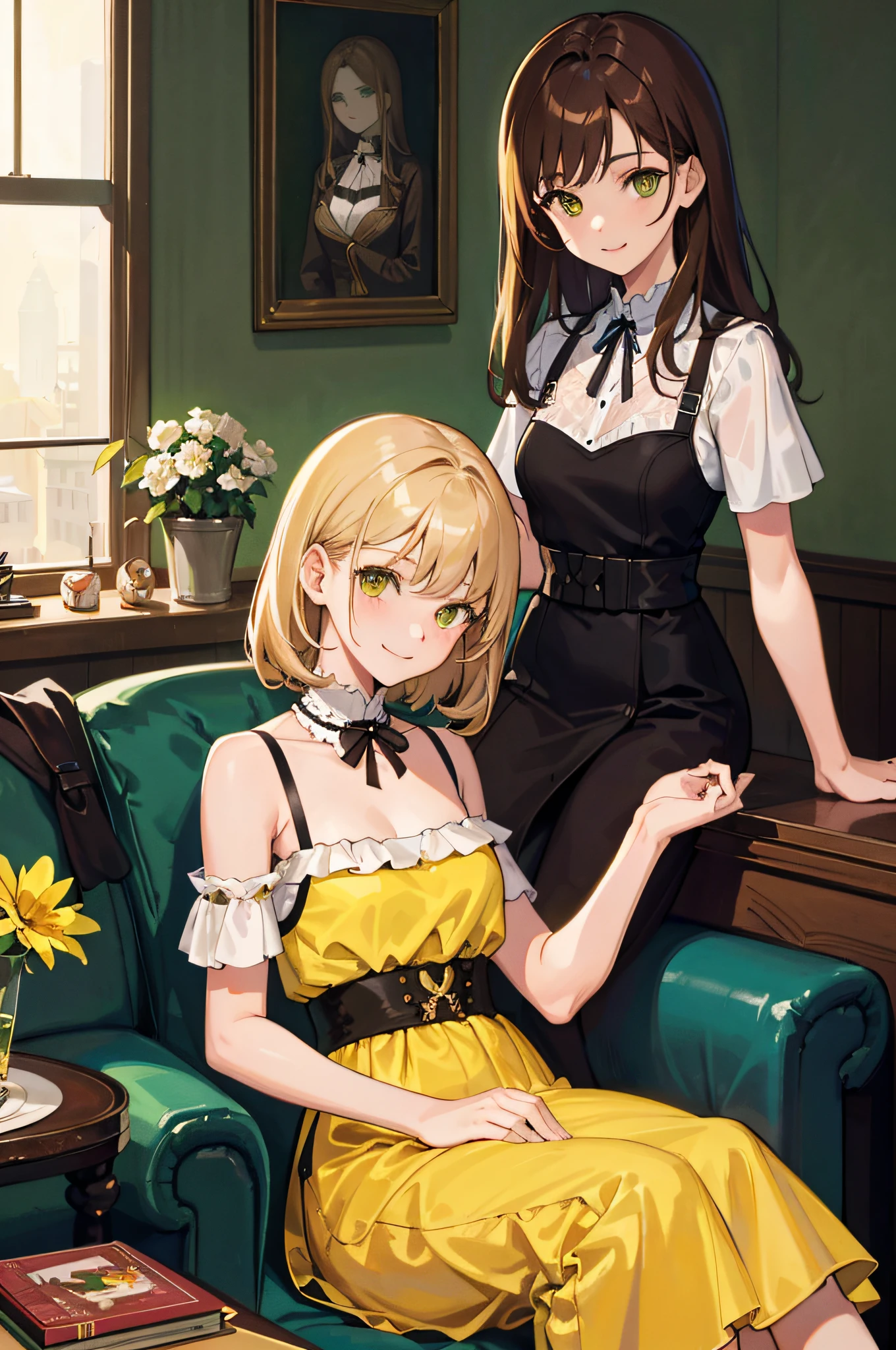 (masterpiece, wallpaper, 8k quality) 2girl, brown hair first girl, blonde hair second girl, gardener first girl, yellow dress second girl, green eyes first girl, copper eyes second girl, living room, sitting on the couch, holding each other's hand, smiling, small breasts first girl, big breasts second girl, two girls with white skin