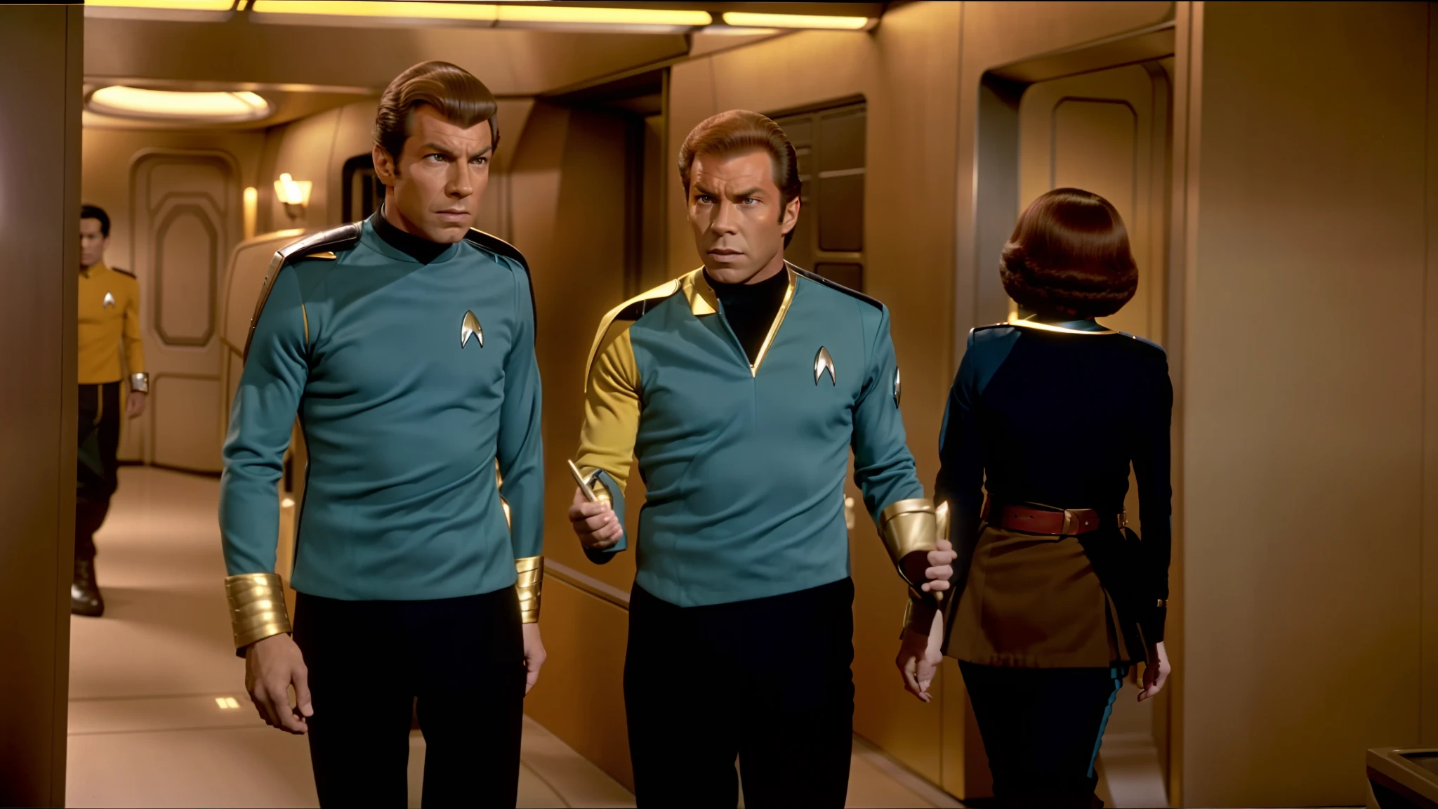 arafed image of two men in a room with a woman, in star trek the original series, still from star trek, film still from star trek, scene from starship, from star trek, star trek, tribbles, in the role of captain kirk, startrek style, star trek style, in full starfleet uniform, spock