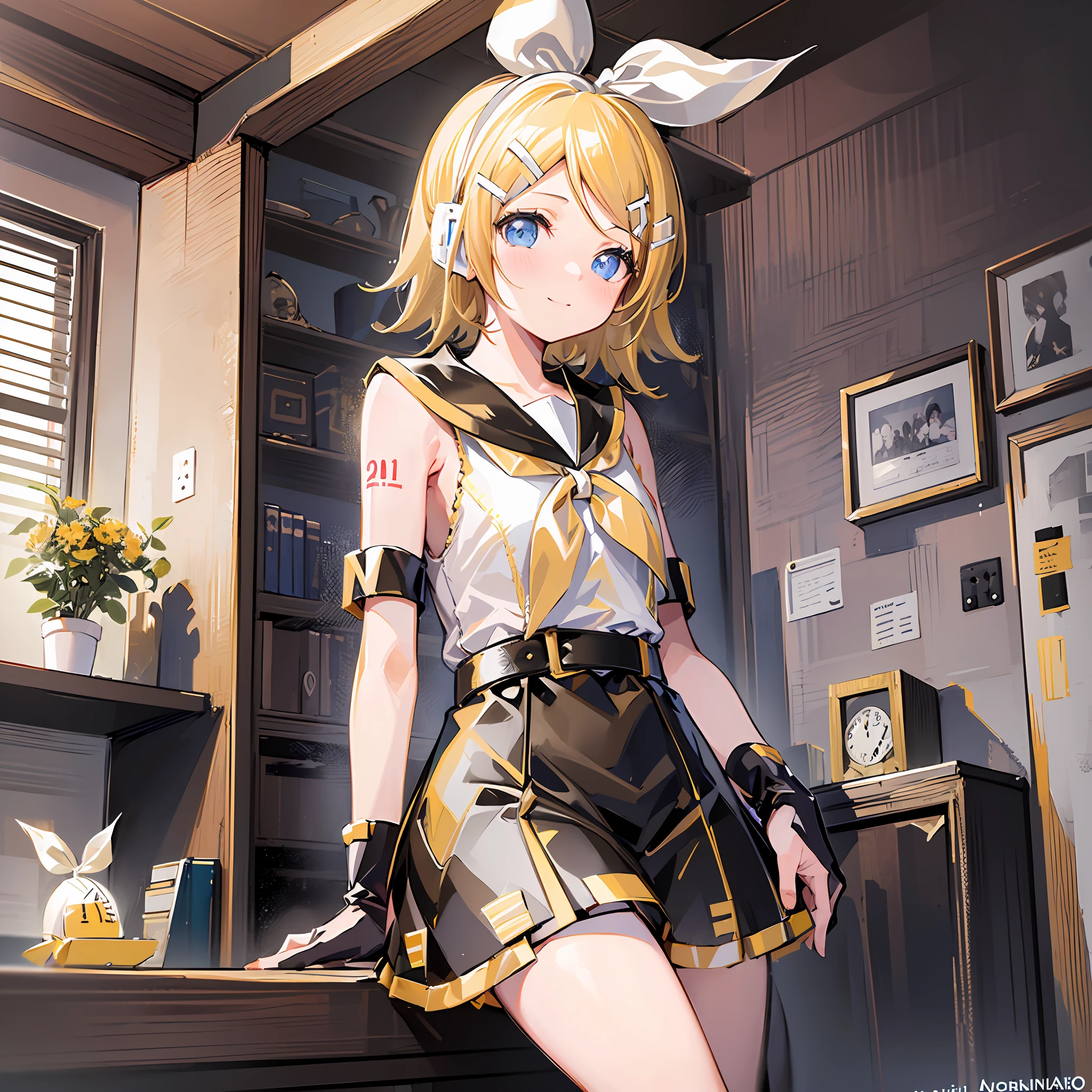 (Masterpiece), (Best Quality), (Illustration), (Ultra Detailed), (High Resolution), Absurdity, One Girl, (Kagamine_Rin:1.5), (Vocaloid), Shoulders are cut off, Short Hair, Hair Clip, Blush, (Blonde), Very Cute Girl, Small, Young, Delicate, Attention to Girl, Living Room, Cute, She, Smile, Best Moment, Sailor Suit, Black Shortscute, belt, blue eyes, bright eyes, cool