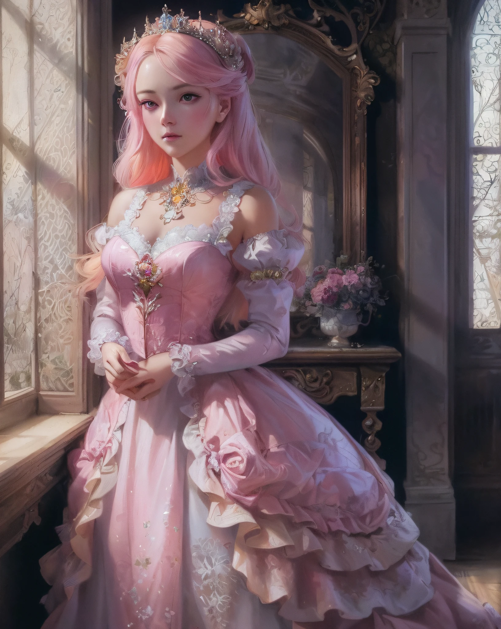 there is a woman in a pink dress standing by a window, princess portrait, in the art style of bowater, artwork in the style of guweiz, ! dream artgerm, beautiful character painting, artgerm on artstation pixiv, guweiz on pixiv artstation, extremely detailed artgerm, ((a beautiful fantasy empress))