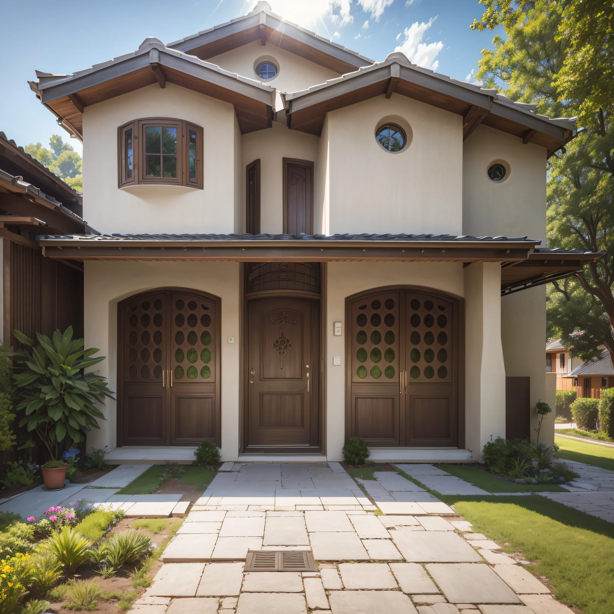 Big house with holes that come out beams of light from the outside, with a large metal gate, and a door next to the house is large having a paved sidewalk in front of it, humble house --auto --s2