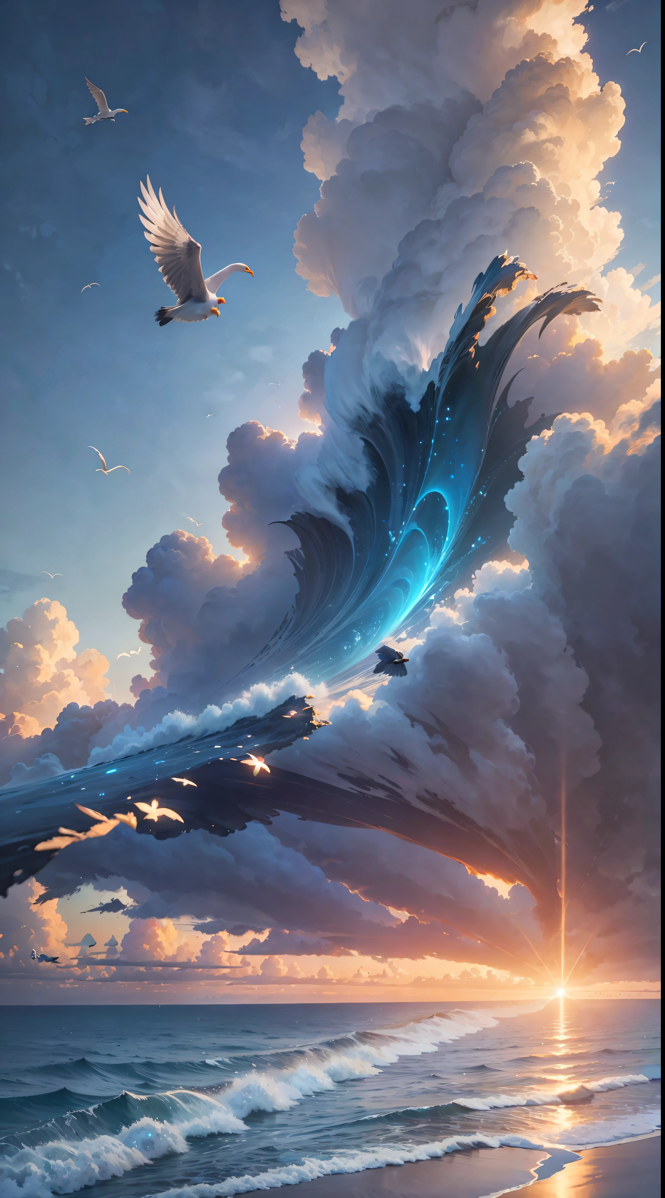 (Very detailed CG unity 8k wallpaper), flocks of seagulls flying over the sea, sunrise over the sea, clouds floating in the sky, sea splashing, HD pictures, super detail, high quality, best quality, engage resolution The most beautiful artwork in the world, high detail, clear focus, dramatic, realistic painting art, blue sky.