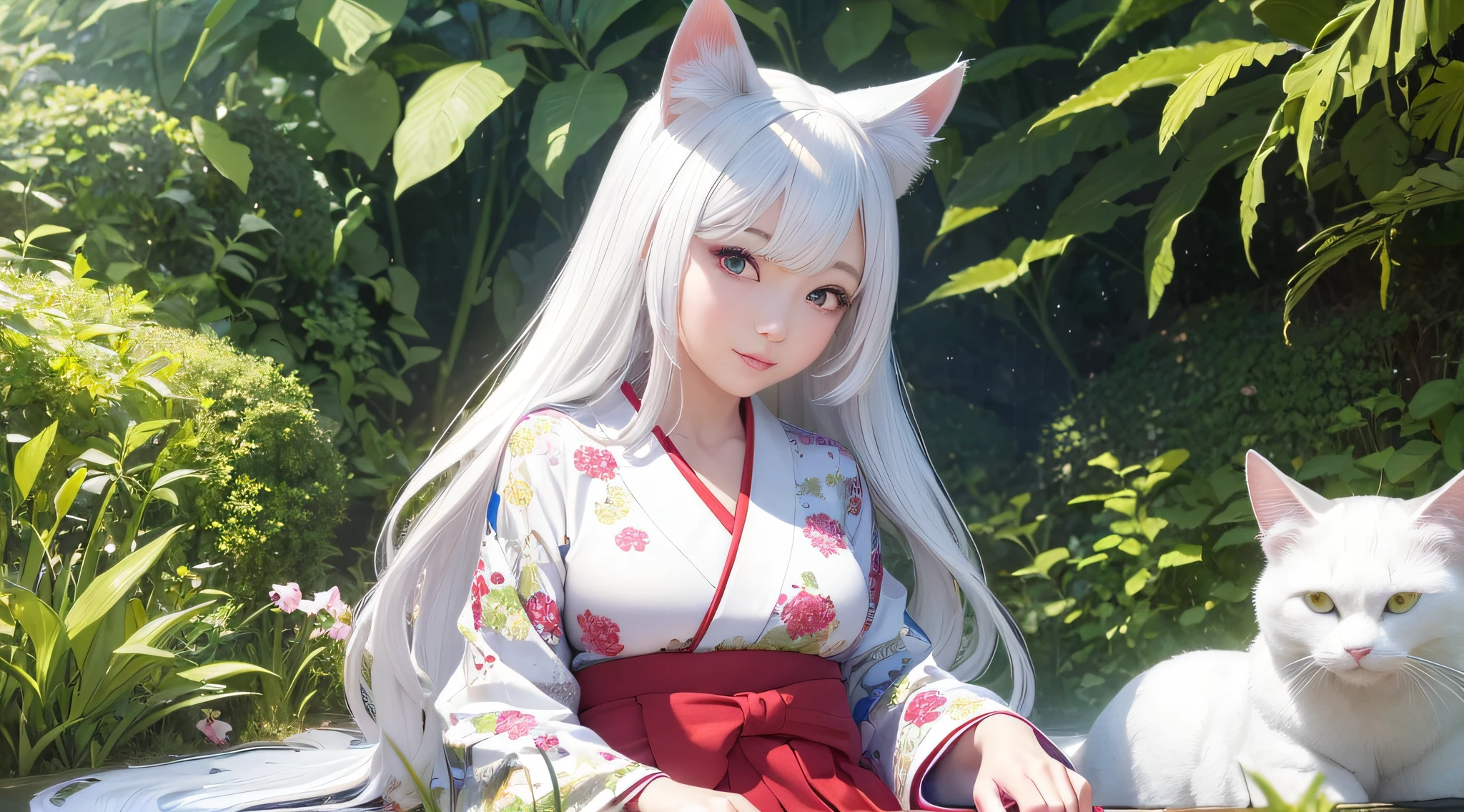 ((Realistic Cartoon)), ((Perfect Character)), ((Pure White Kimono)): Cat girl priestess in beautiful white kimono, (big breasts), pure white cute and beautiful white cat nearby, attractive and fun illustration. (Bright shrine like a photorealistic photo), (Realistic fresh green detail background: 1.5), (Shinto in: 1.3), the attention to detail of the character's eyes is wonderful, and there are highly detailed irises that perfectly capture the unique colors. The kimono is a white kimono, the texture is a masterpiece of design, and the features and poses of the cat girl priestess are rendered with great attention to detail. (red long skirt), ((red hakama)), scenic, masterpiece.
