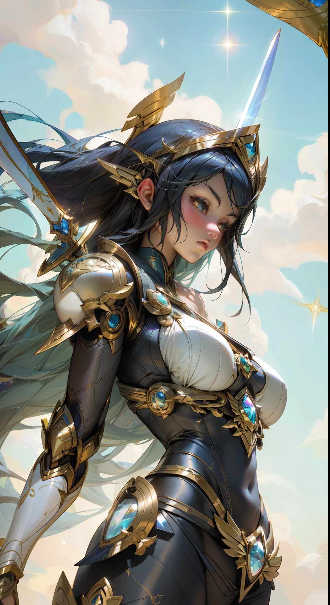 a close up of a woman in a bikini and a sword, irelia from league of legends, goddess of galaxies, as seen on artgerm, extremely detailed artgerm, cyborg goddess in cosmos, irelia, by Yang J, wlop and artgerm, ig model | artgerm, artgerm jsc, kda