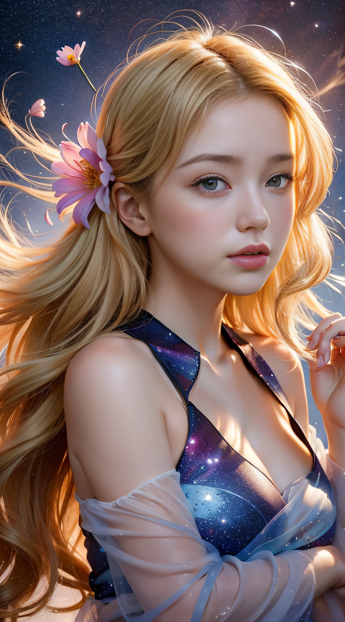 (best quality, masterpiece), young woman, pose, particle, wind, flower, upper body, simple background, looking at viewer, long curly windblown blonde hair, galaxy,backlit,rimlight,beautiful artwork,perfect composition