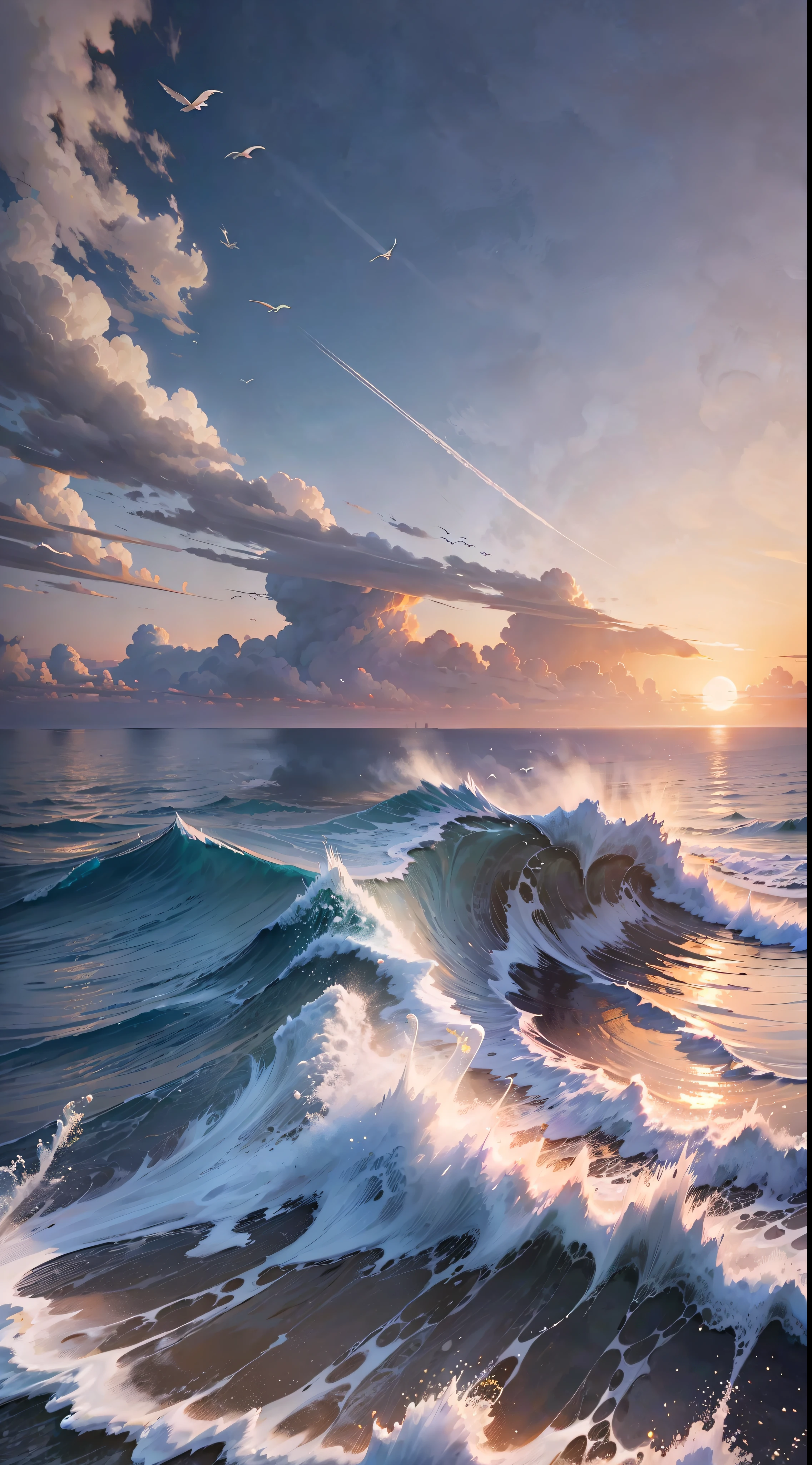 (Very detailed CG unity 8k wallpaper), flocks of seagulls flying over the sea, sunrise over the sea, clouds floating in the sky, sea splashing, HD pictures, super detail, high quality, best quality, engage resolution The most beautiful artwork in the world, high detail, clear focus, dramatic, realistic painting art, blue sky.