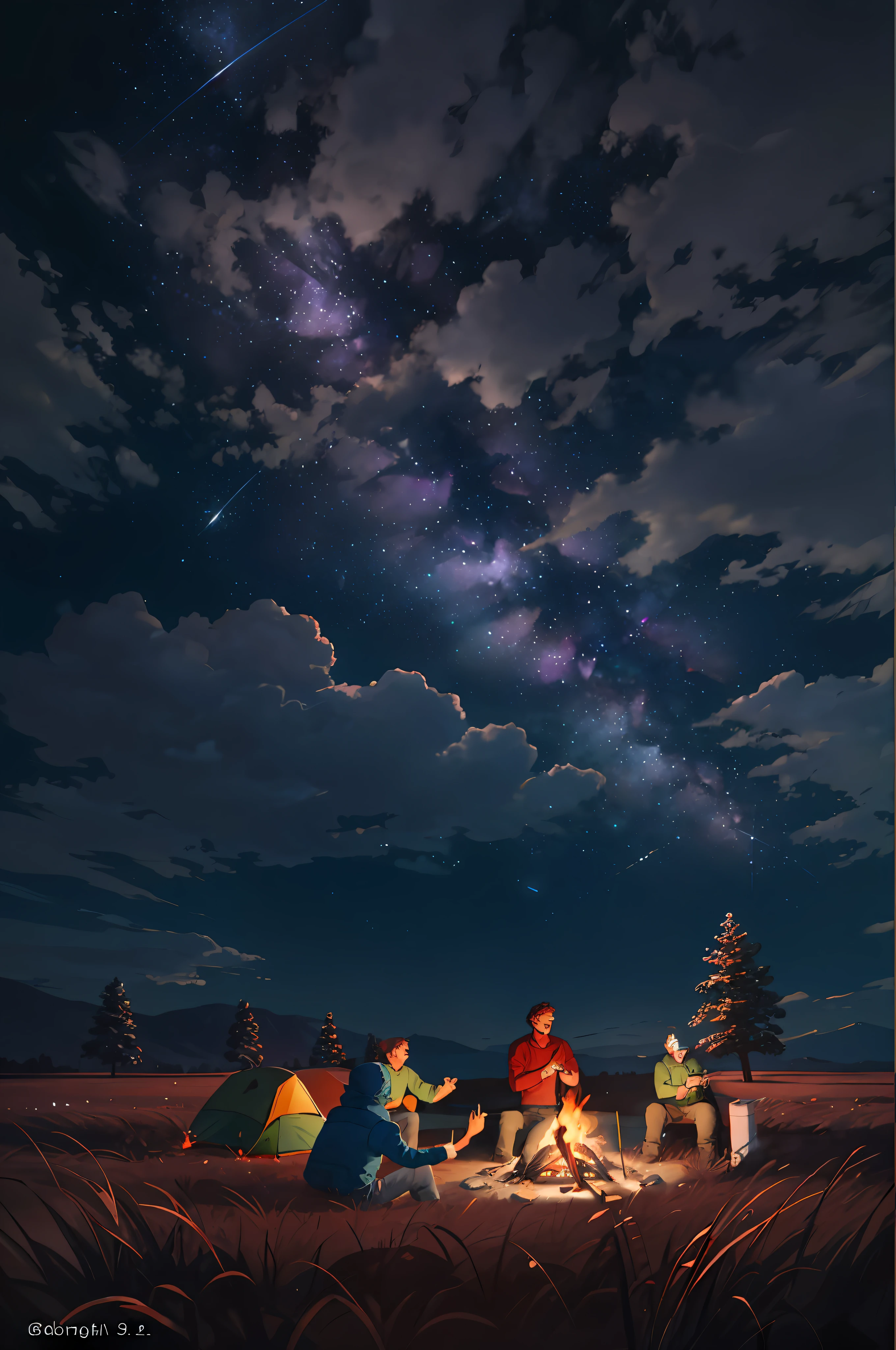Camping tents, campfires, young people singing around the campfire, barbecues, having fun