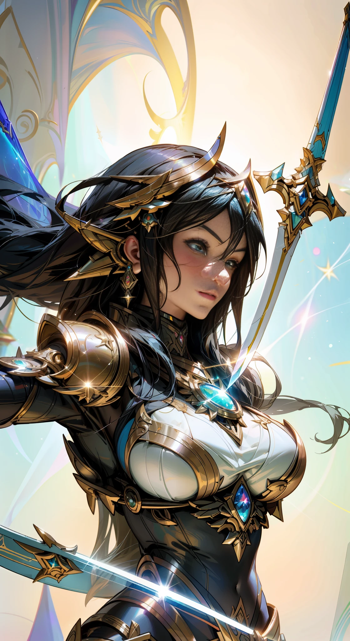 a close up of a woman in a bikini and a sword, irelia from league of legends, goddess of galaxies, as seen on artgerm, extremely detailed artgerm, cyborg goddess in cosmos, irelia, by Yang J, wlop and artgerm, ig model | artgerm, artgerm jsc, kda