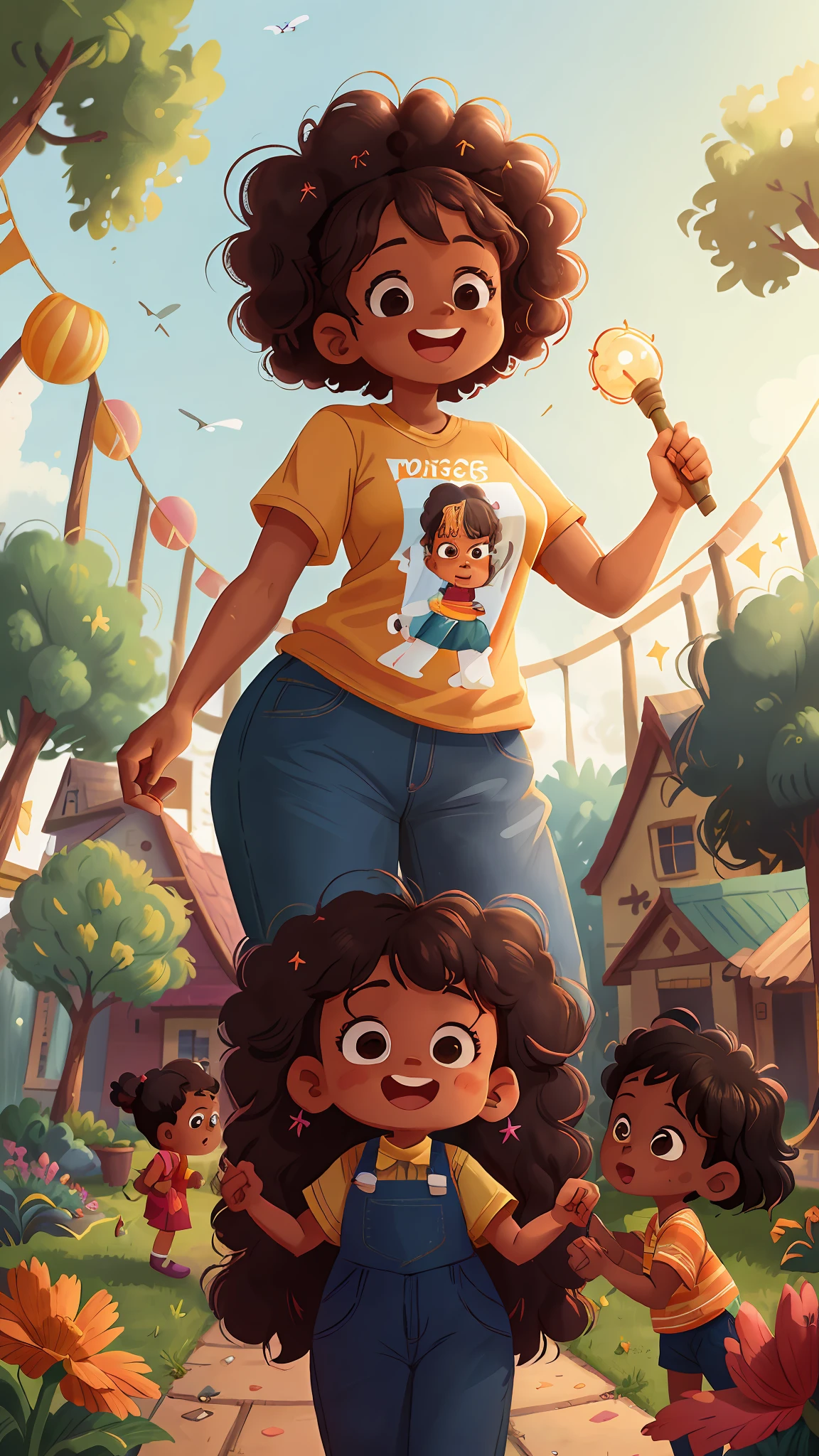 A black woman, 30 years old, happy, in an amusement park, curly hair, beautiful hip, with her four-year-old daughter, clear focus (disorder - house: 0.8), (masterpiece: 1.2) (Realistic: 1.2) (Bokeh) (Best quality) (Detailed skin: 1.3) (Intricate Details) (8K) (Detail Eyes) (Sharp Focus), (Happy)