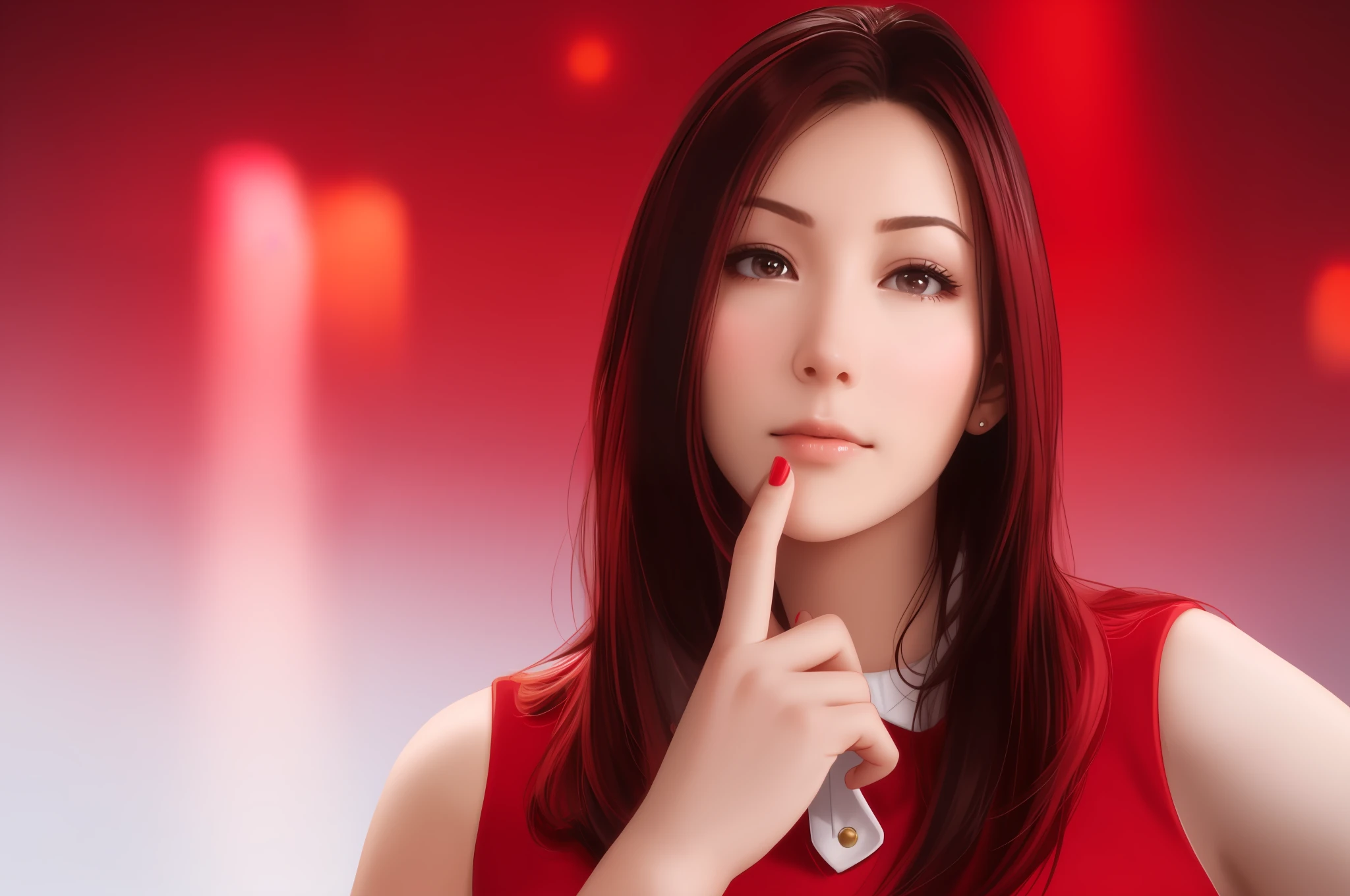 There's a woman in a red dress holding her finger to her lips, hand to chin, woman's face looking out of camera, looking up, featured, hovering indecision, pondering, thoughtful expression, hand on cheek, thoughtful, thin pointed chin, pointed chin, iStock, focus on pursed lips, thinking pose, profile picture, slick, thoughtful chin), looking confused