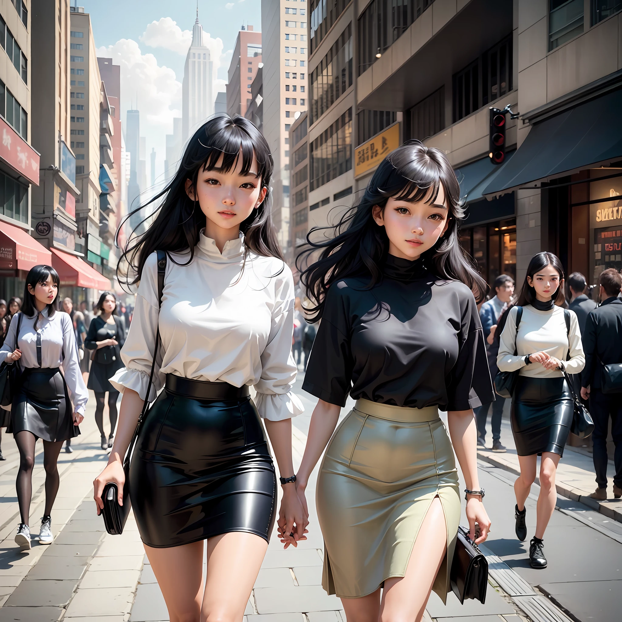 masterpiece, top quality, movie stills, one girl, black hair, long straight, bangs, slender, small, floating in the sky, cloud girl, clouds, (close-up: 1.1), bright, happy, fun, soft lighting, (Bauhaus, shape, line, abstract: 1.1) Two 25-year-old girls are strolling through the city streets wearing cut and sew and tight skirts. It is surrounded by skyscrapers and sophisticated shops, creating a lively atmosphere. The two walk with glamorous smiles on their faces, sometimes talking about each other's stylish fashion, walking confidently. The tight skirt tightens the women's style, and the cut and sew gives a cute impression. The people around them seem to be very interested in their fashion, and they seem to be enjoying a scene of youth that matches the bustling cityscape. --auto --s2