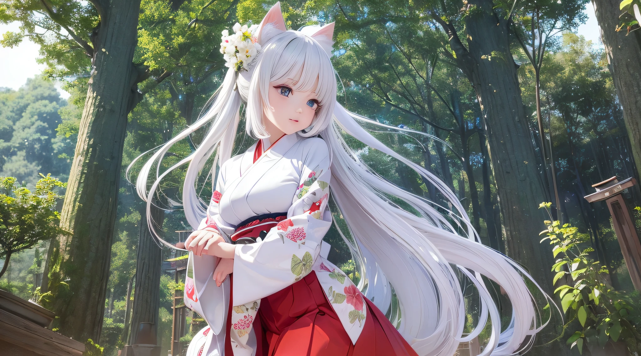 ((Realistic Cartoon)), ((Perfect Character)), ((Pure White Kimono)): Cat girl priestess in beautiful white kimono, (big breasts), pure white cute and beautiful white cat nearby, attractive and fun illustration. (Bright shrine like a photorealistic photo), (Realistic fresh green detail background: 1.5), (Shinto in: 1.3), the attention to detail of the character's eyes is wonderful, and there are highly detailed irises that perfectly capture the unique colors. The kimono is a white kimono, the texture is a masterpiece of design, and the features and poses of the cat girl priestess are rendered with great attention to detail. (red long skirt), ((red hakama)), scenic, masterpiece.