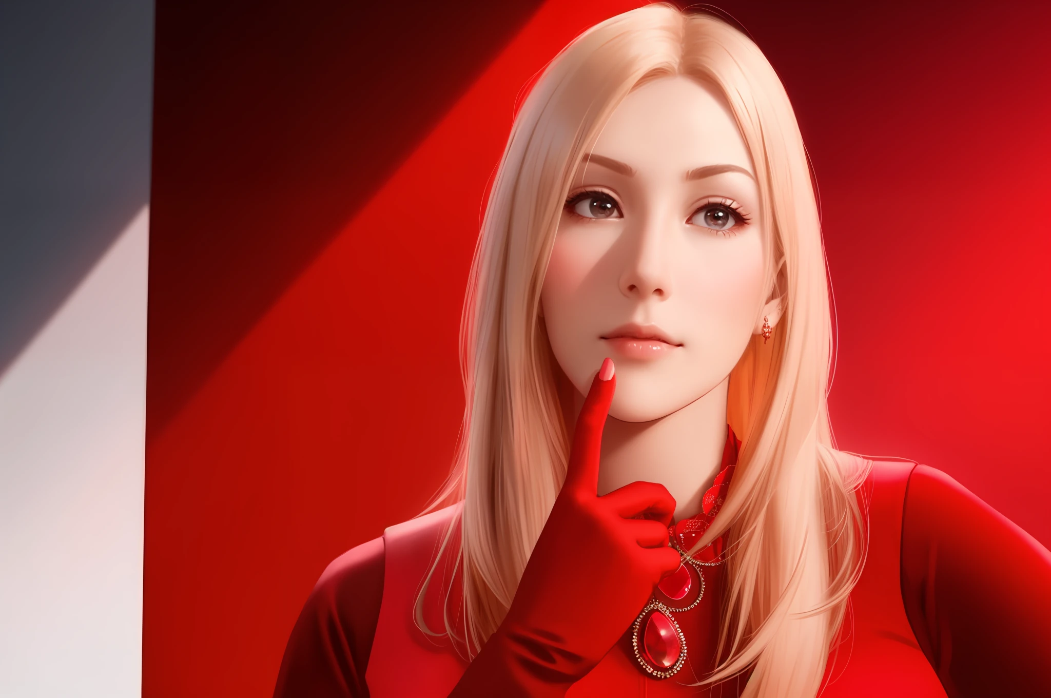 There's a woman in a red dress holding her finger to her lips, hand to chin, woman's face looking out of camera, looking up, featured, hovering indecision, pondering, thoughtful expression, hand on cheek, thoughtful, thin pointed chin, pointed chin, iStock, focus on pursed lips, thinking pose, profile picture, slick, thoughtful chin), looking confused