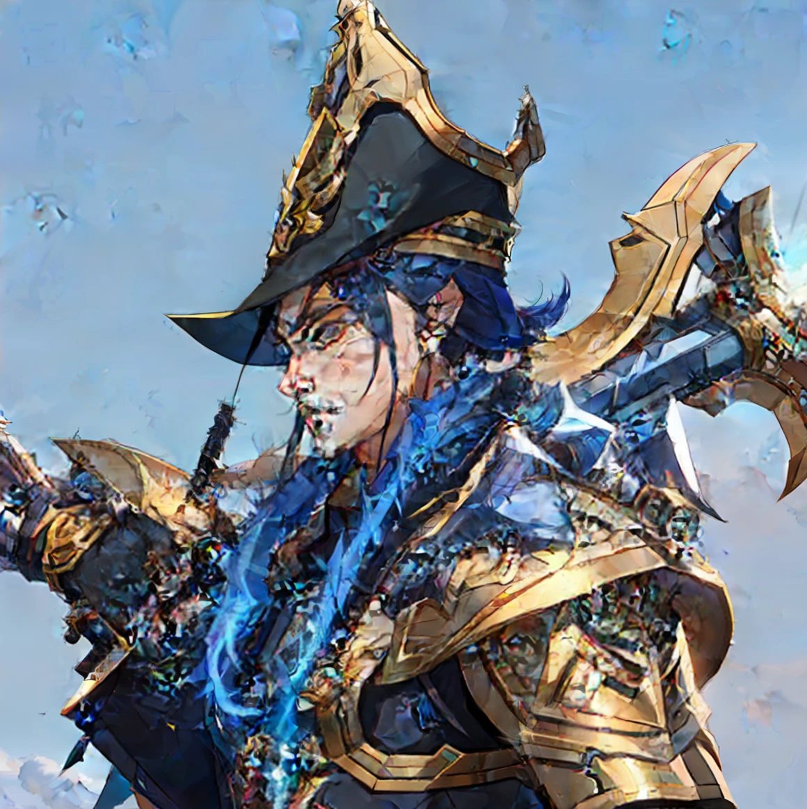 a close up of a person in a costume holding a gun, inspired by Huang Shen, Arena of Valor game, inspired by Huang Ding, heise jinyao, mobile legends, tane skin, wild rift, genshin impact character, posing for a fight intricate, zhongli from genshin impact, this character has cryokinesis, loong, ultra detailed, sharp focus, wear cowboy hat, handsome, badass, black hair