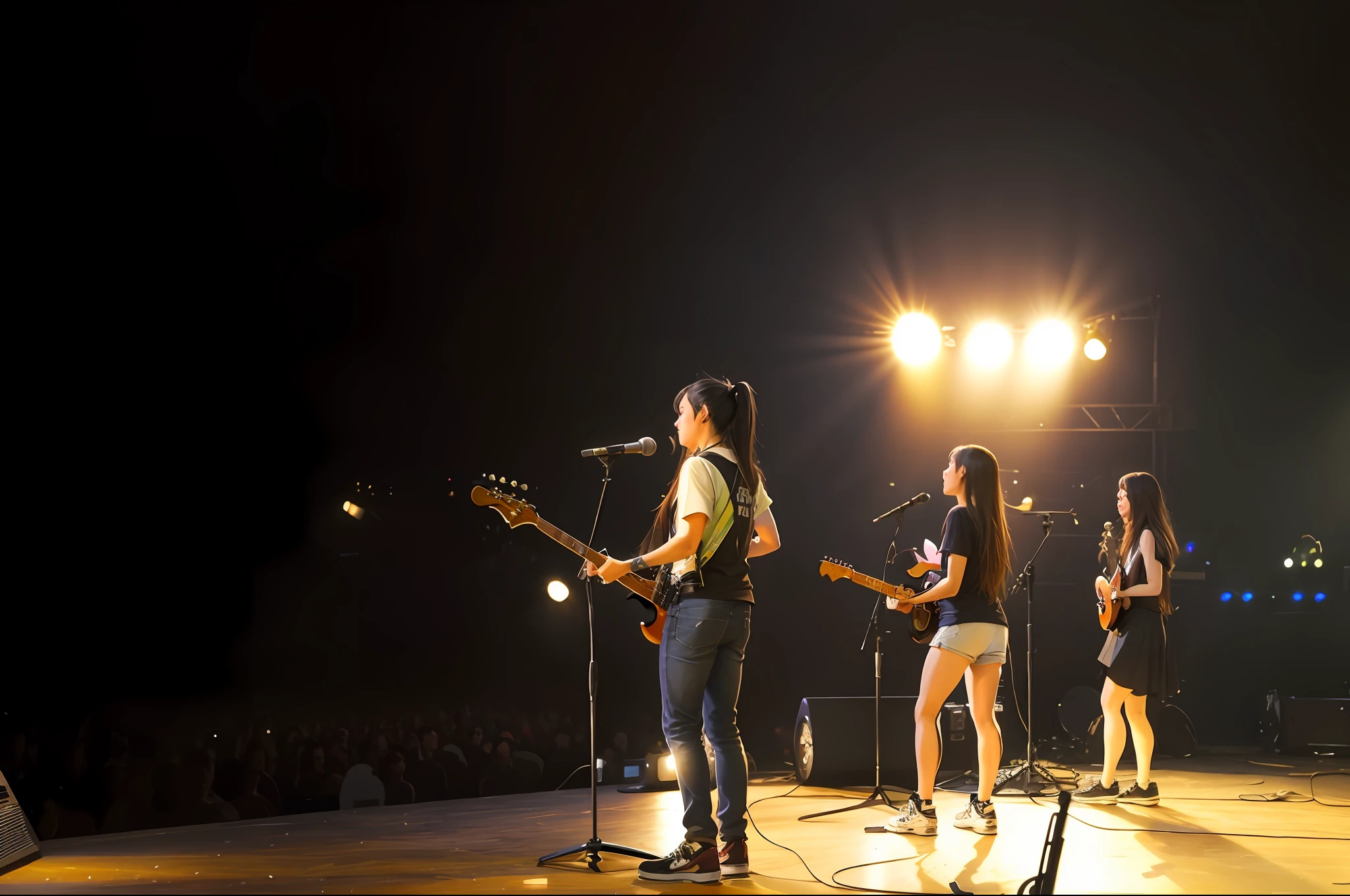 several people are playing music on a stage with lights on, performing on stage, on rock concert stage, playing guitar onstage, on stage, concert photo, concert photography, on the stage, on a stage, live concert photography, stage photography, performing, live concert, live on stage, band playing, music show, live performance, rock concert, rocking out
