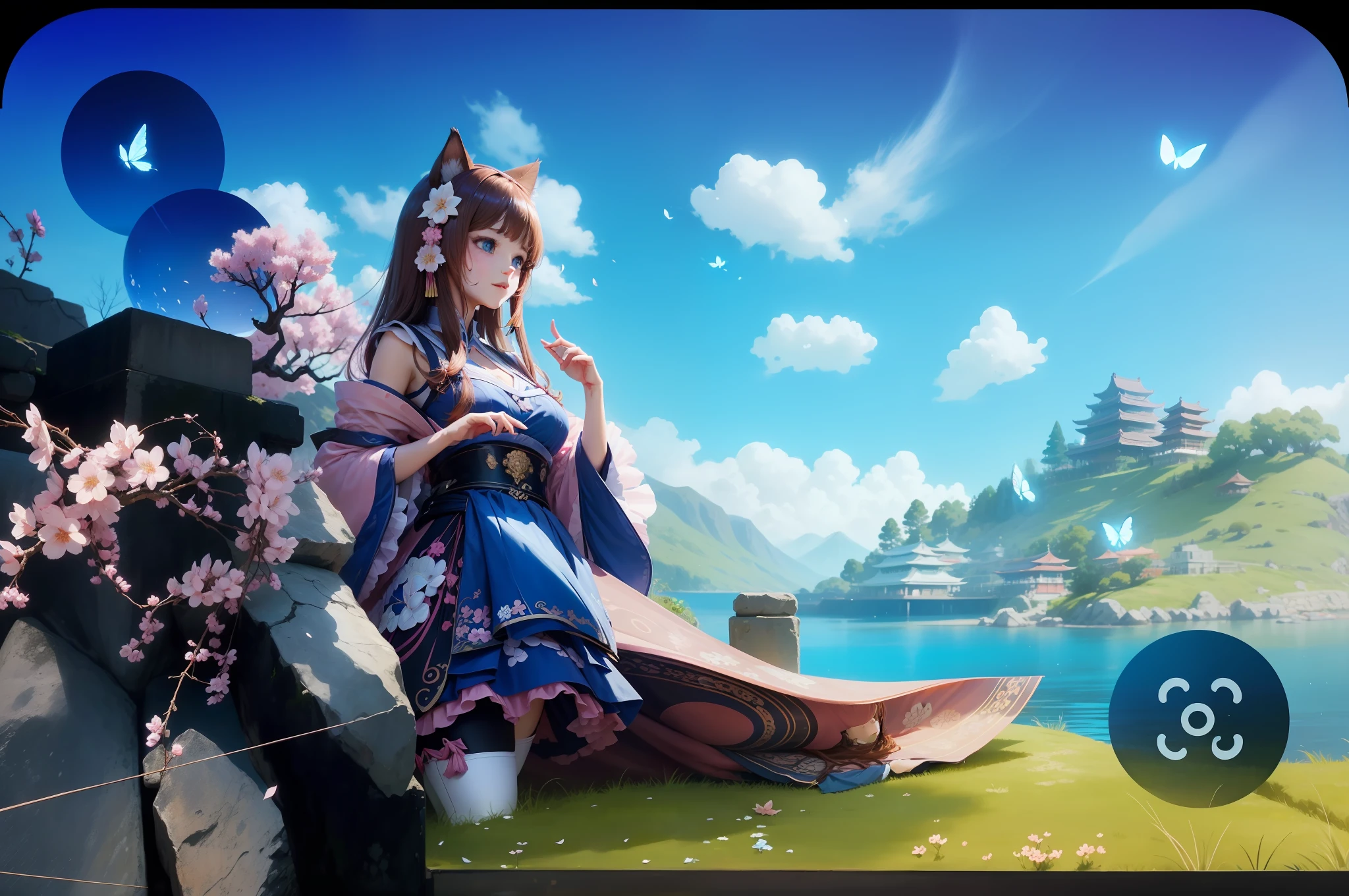 Illustration style, overhead view, dynamic angle, ultra-detailed, close-up shot of a girl with blue eyes, brown hair, and cat ears wearing a pink Miko outfit (1.4) and white stockings. She has bangs, an aura above or behind her head, and is looking at the viewer with a slight smile while showing her bare shoulders. The girl's hands are hidden behind her back while standing upright. She wears a cherry blossom hair accessory ([[0.55]::0.85]) and is surrounded by falling cherry blossoms, flowing water, a beautiful cherry blossom tree, and flying translucent blue butterflies (1.15). The scene is set near a shrine gate with ultra-detailed ruins in the background, an abysmal sea, and a dull blue world tree (1.14). The girl's delicate fingers and hands are emphasized with yubao (0.5). --auto --s2